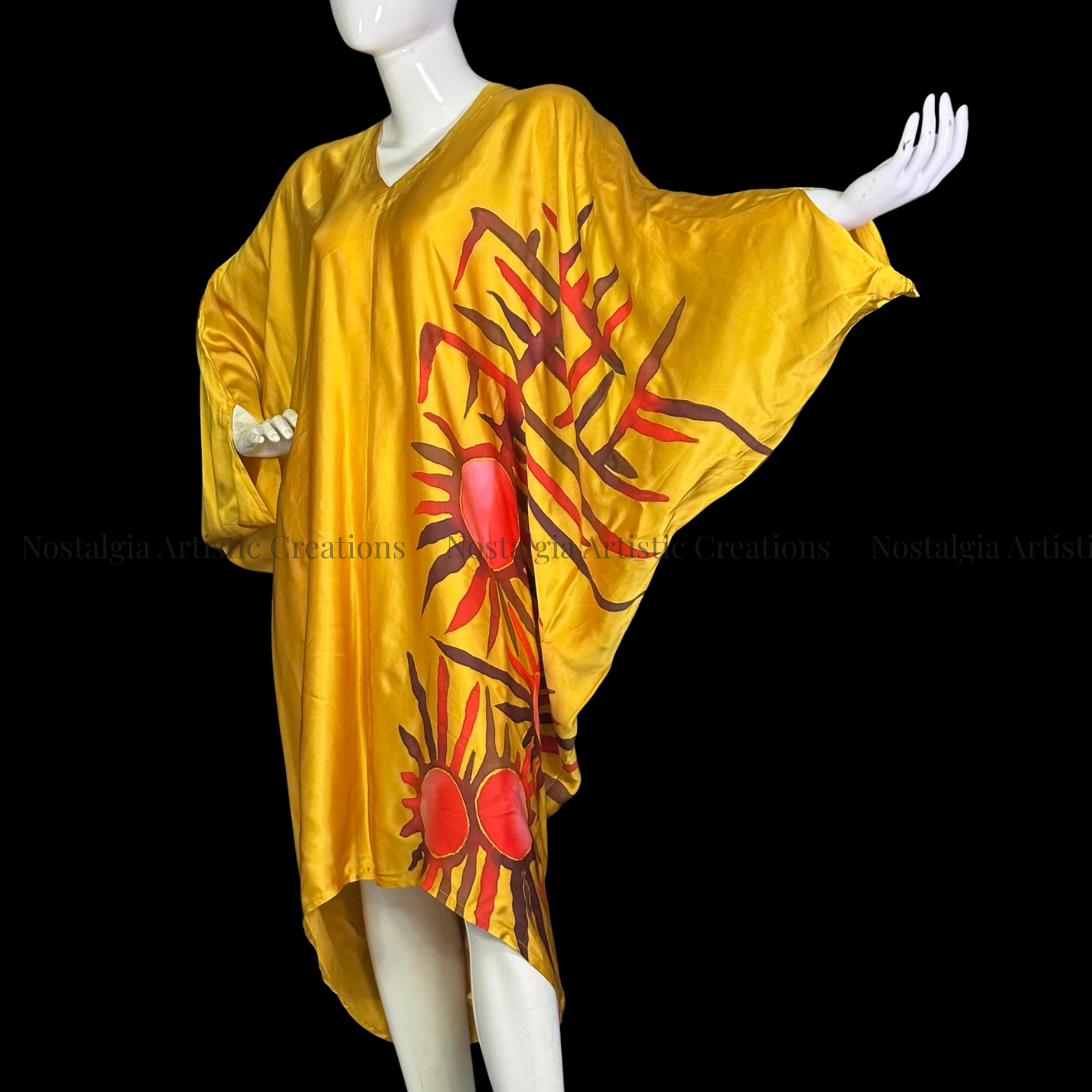 Golden Mustard Hand-Painted Batik Kaftan Dress | Oversized Artisan Silk Dress - PS0409