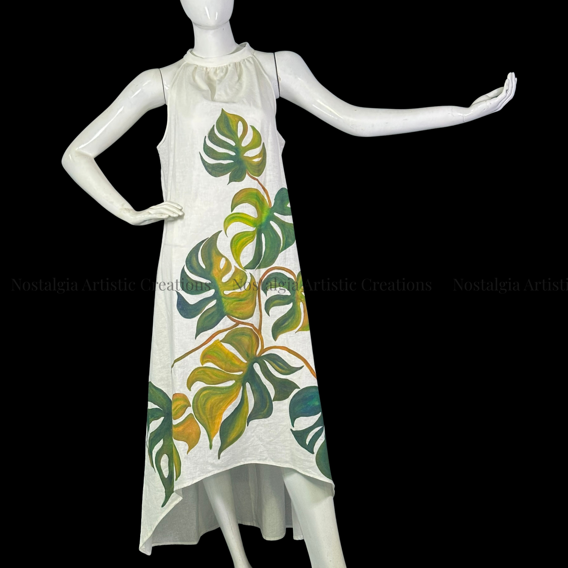 White & Green Monstera Linen High-Low Dress - PL0503