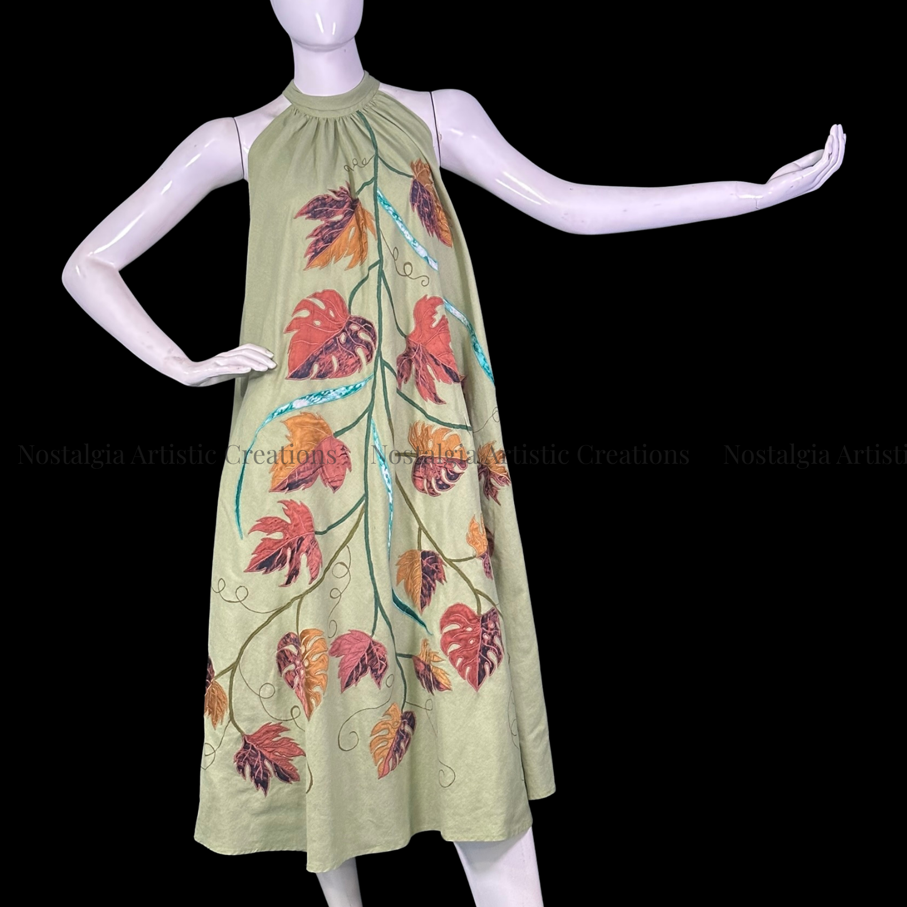 Sage Green Autumn Vine Halter Midi Dress - PL0512