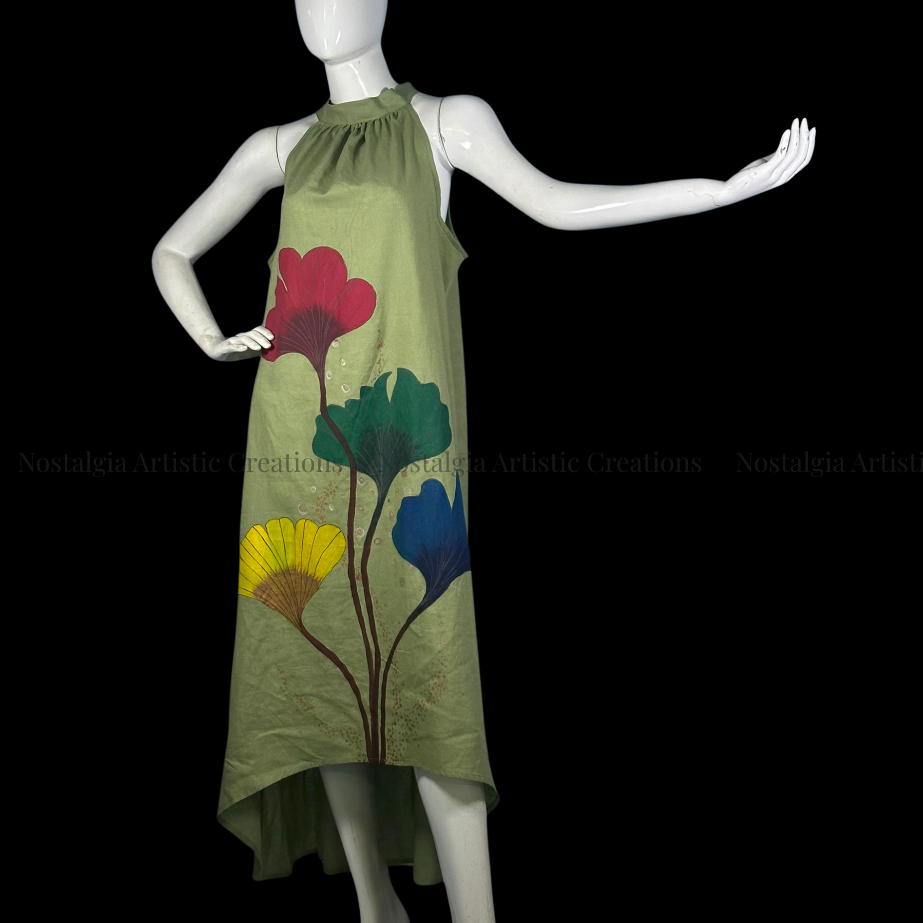 Olive Green Botanical High-Low Dress - PL0608