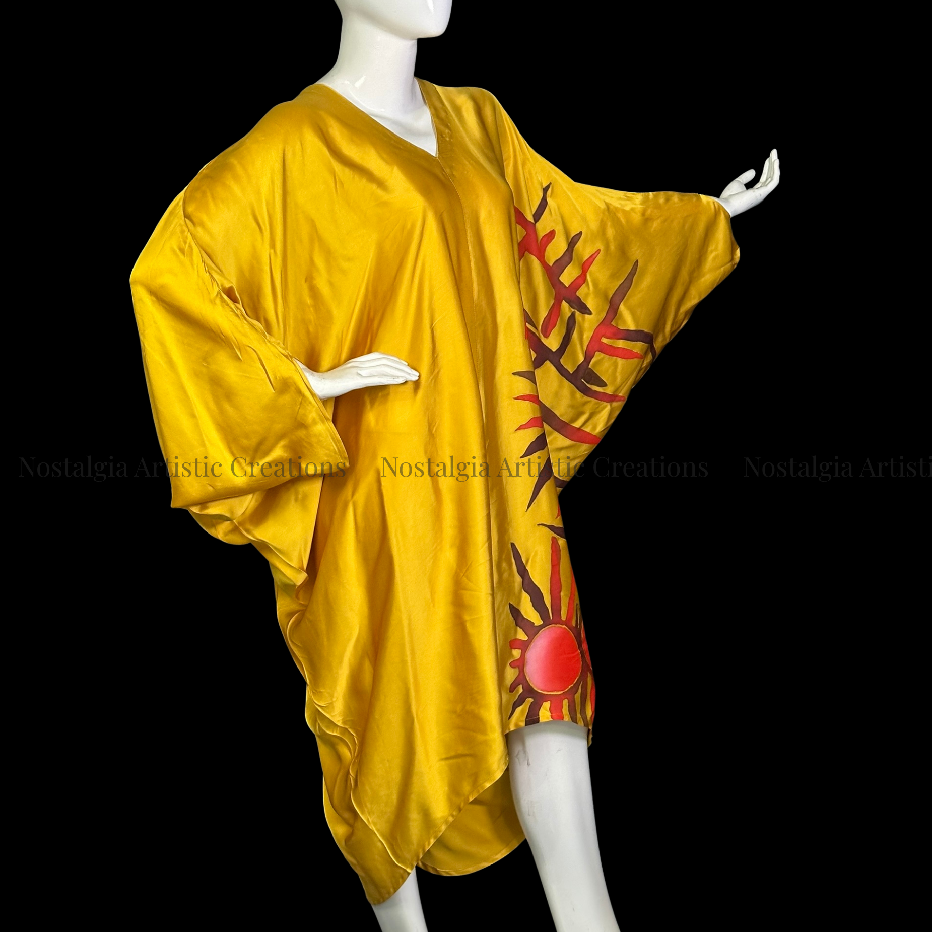 Golden Mustard Hand-Painted Batik Kaftan Dress | Oversized Artisan Silk Dress - PS0409