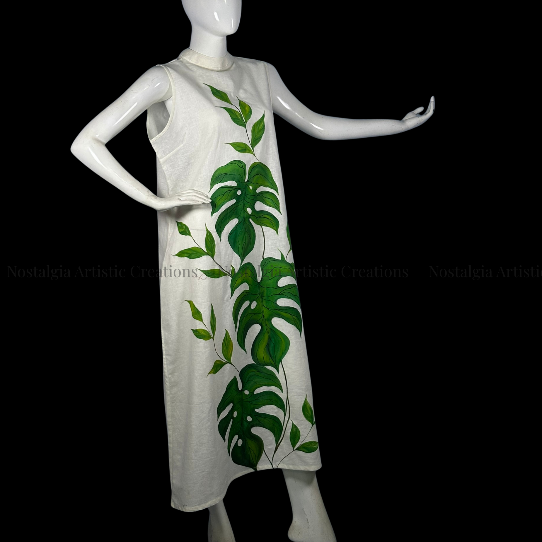 White Hand-Painted Monstera Sleeveless A-Line Midi Dress - PL0610
