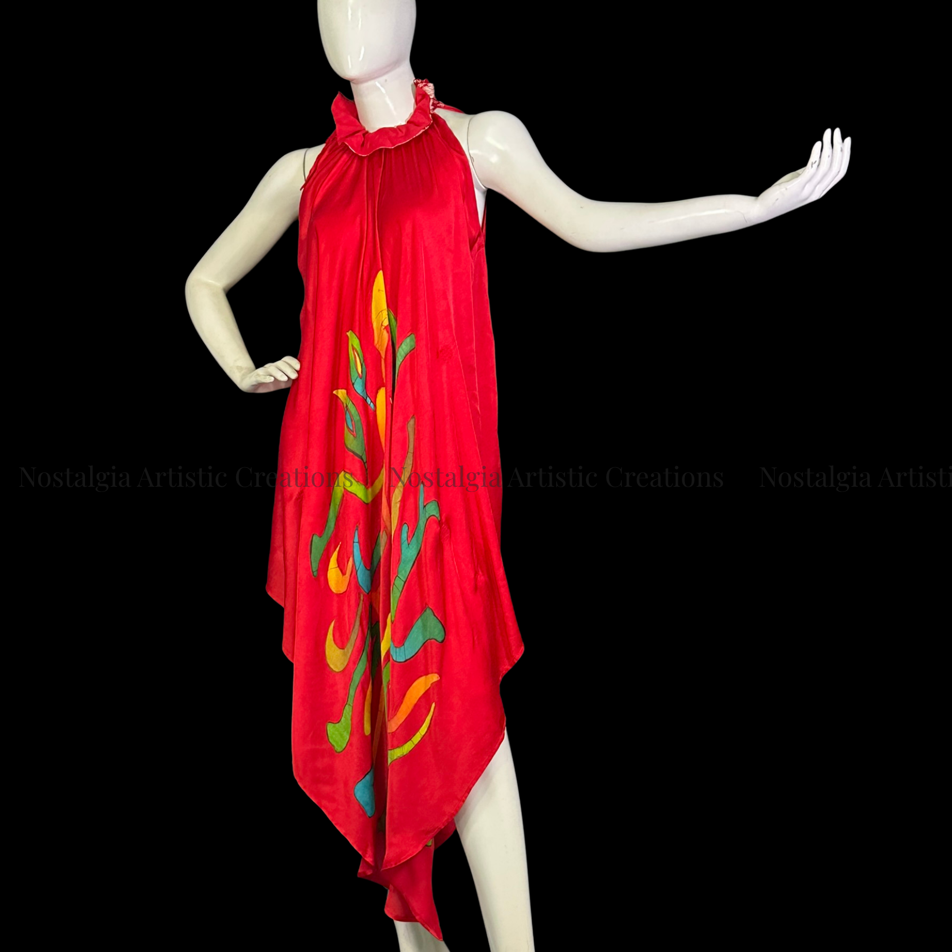 Hand-Painted Batik Handkerchief Hem Dress | Red Sleeveless Artisan Midi Dress - PS0405
