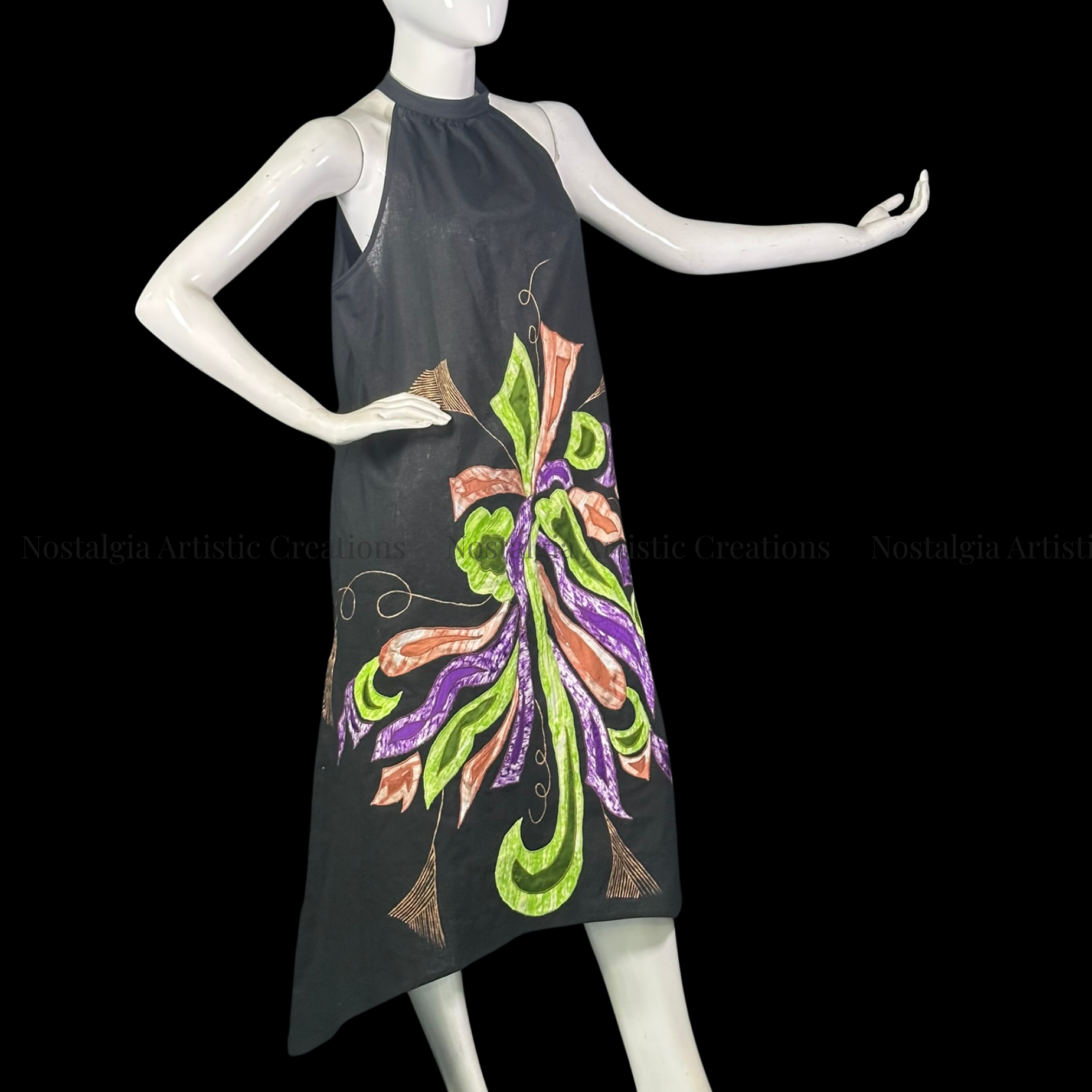 Black Floral High-Low Linen Dress with Green, Purple & Peach Design - PL0502