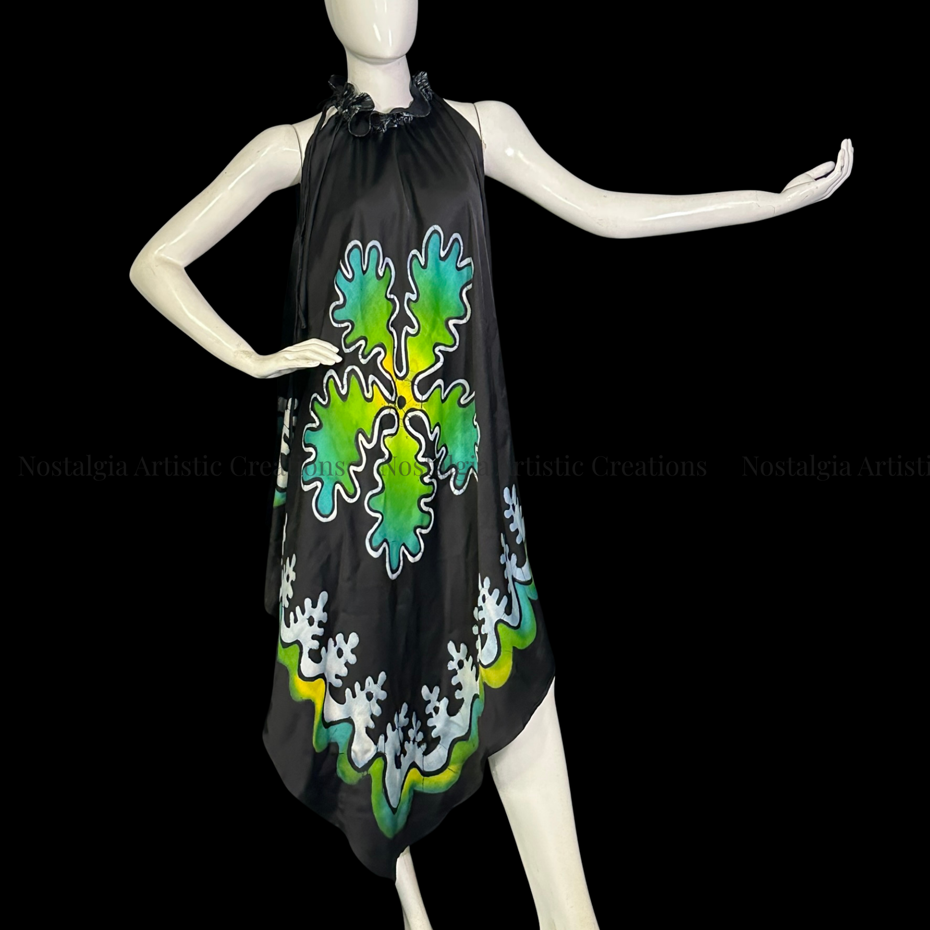 Hand-Painted Batik Halter Handkerchief Hem Dress | Black Artisan Midi Dress - PS0406