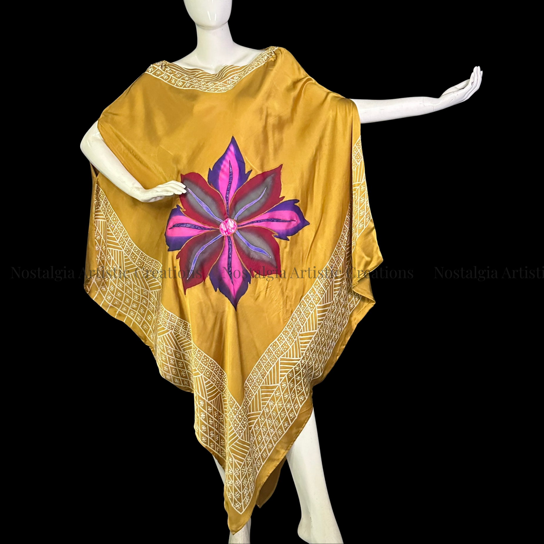 Golden Mustard Hand-Painted Batik Kaftan Dress | Oversized Artisan Poncho Dress - PS0414