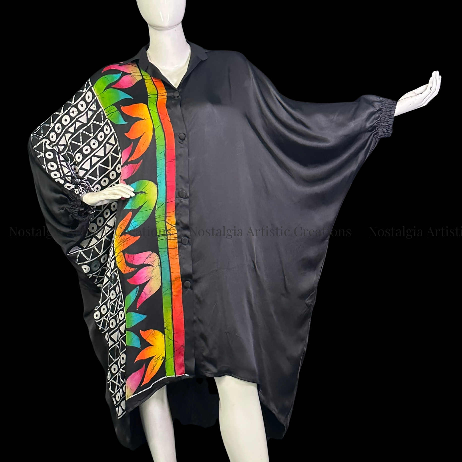 Hand-Painted Batik Black Batwing Poncho Shirt Dress – Oversized Asymmetrical Button-Front Tunic - PS0417