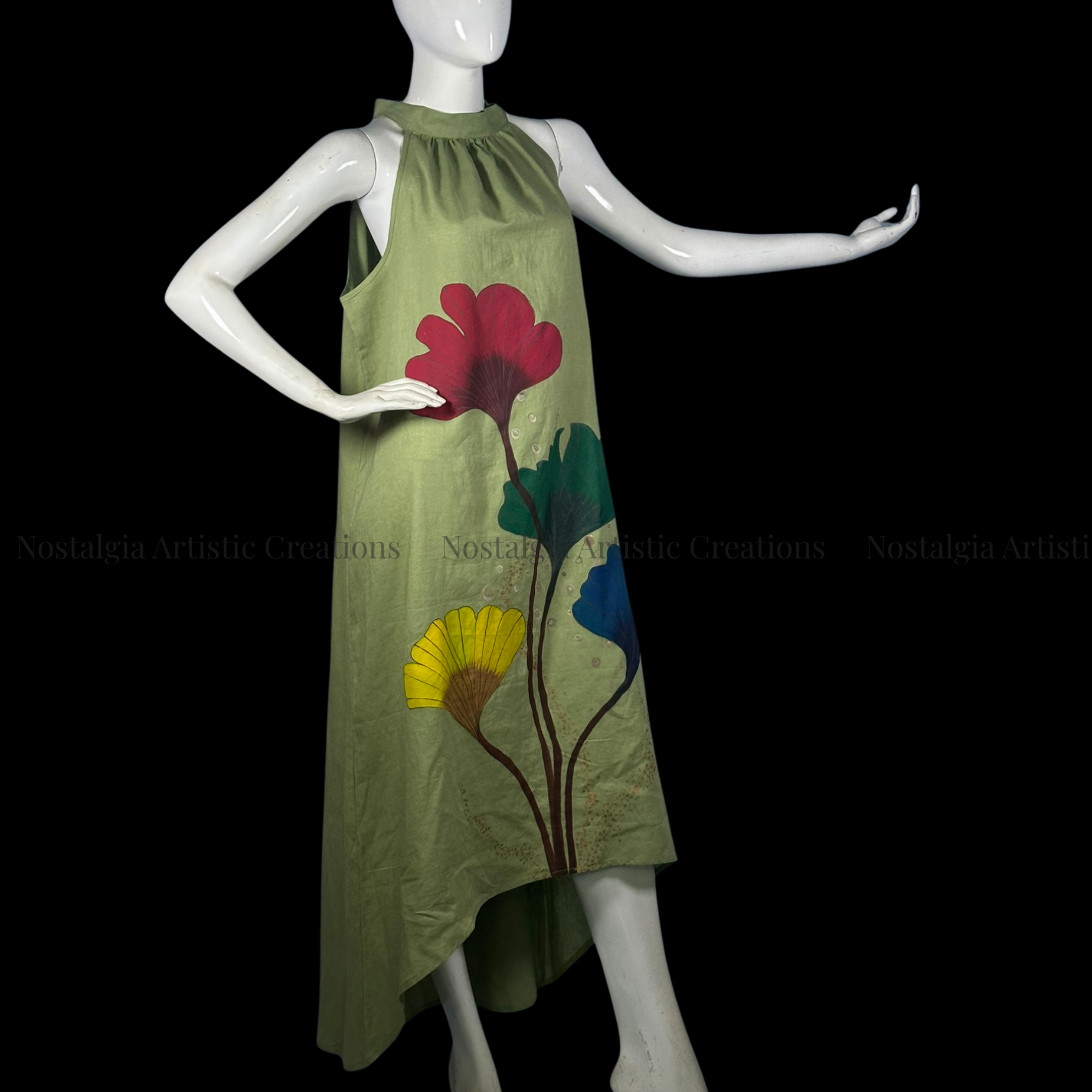 Olive Green Botanical High-Low Dress - PL0608