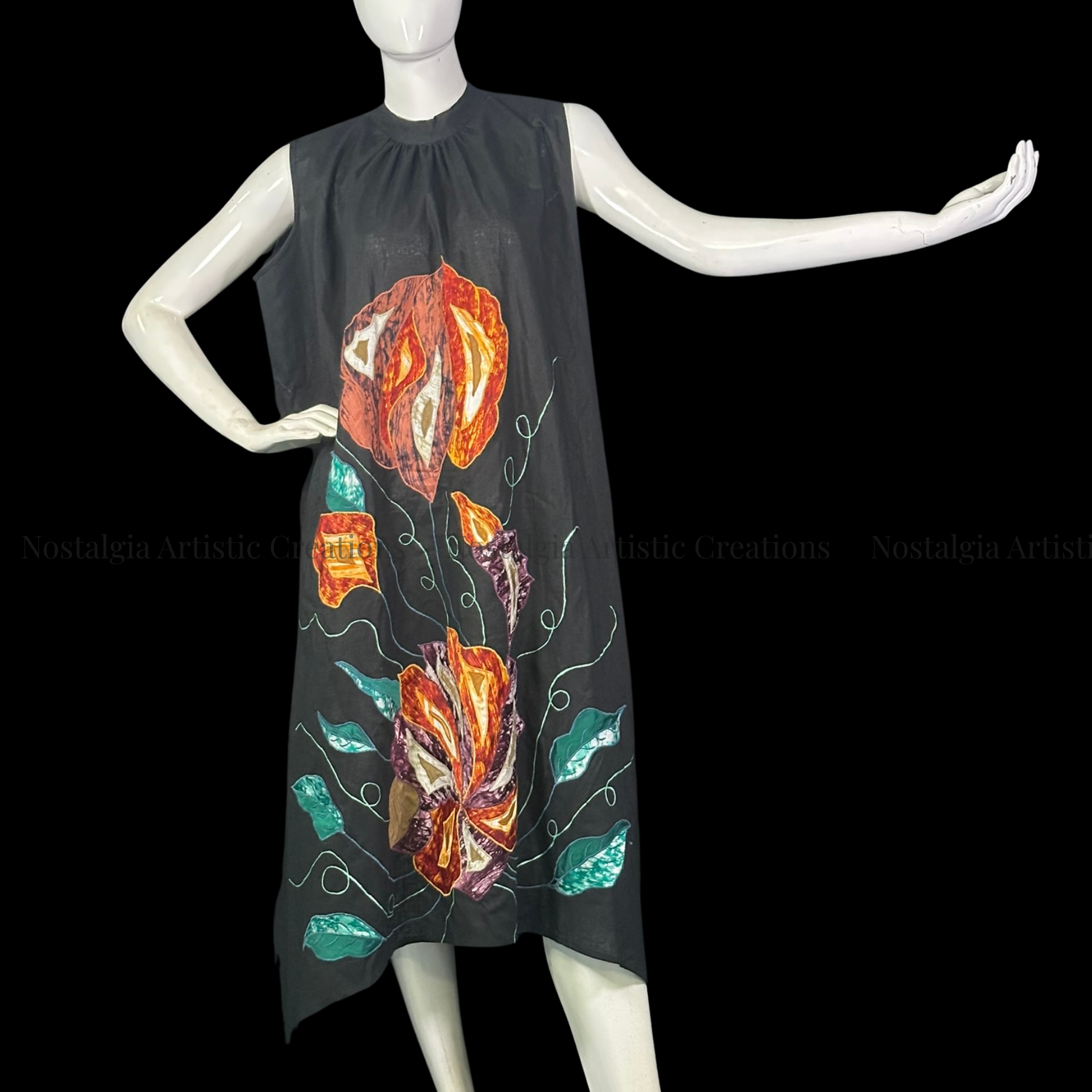 Black Orange Floral Linen High-Low Dress with Teal Leaf Design - PL0506