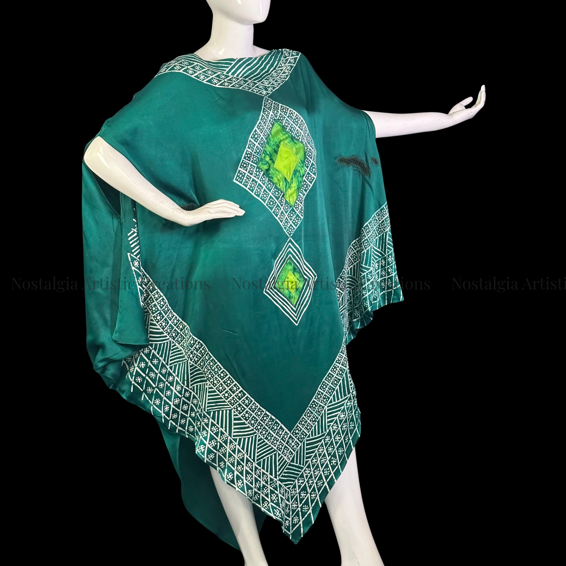 Emerald Green Hand-Painted Batik Kaftan Dress | Oversized Artisan Poncho Dress - PS0411