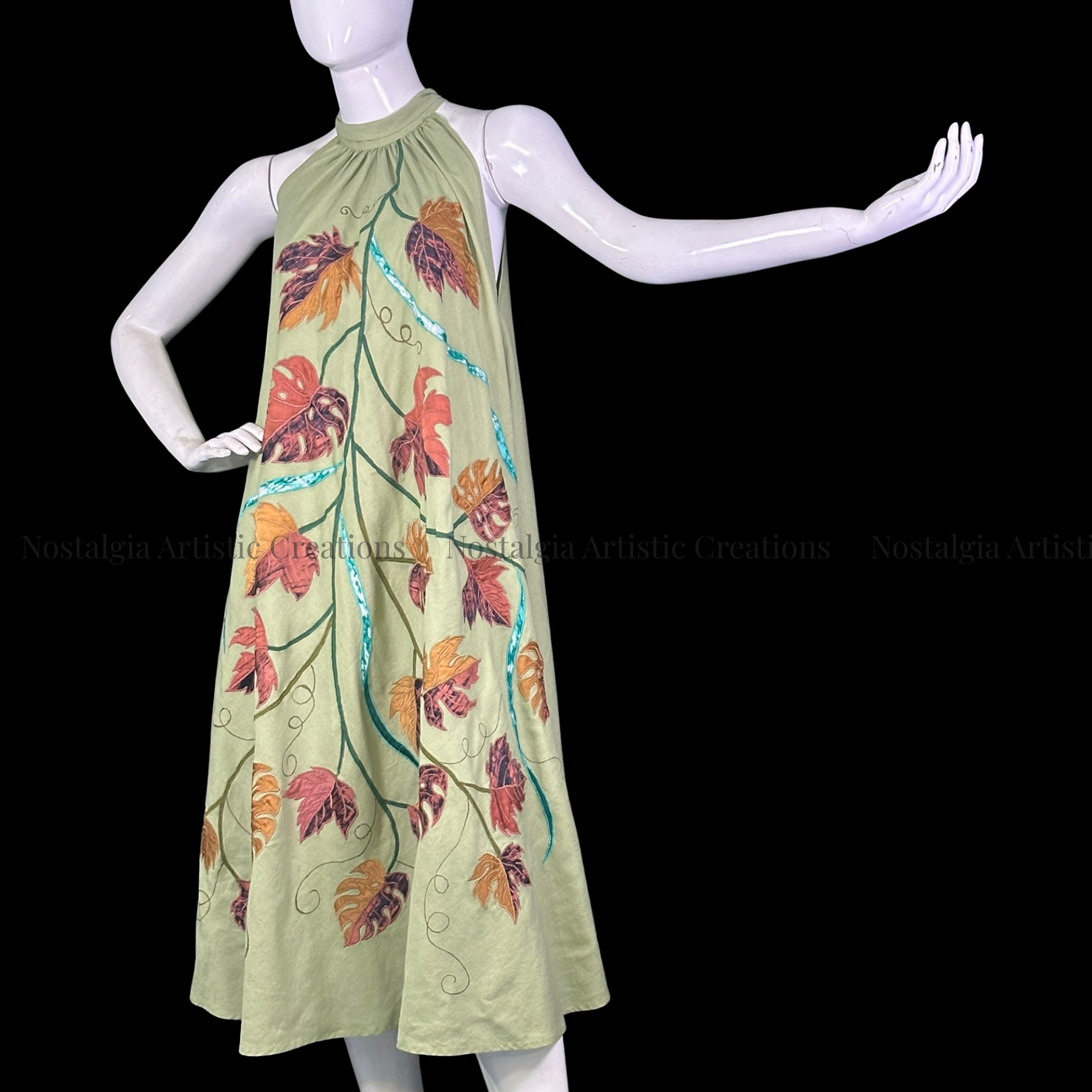 Sage Green Autumn Vine Halter Midi Dress - PL0512
