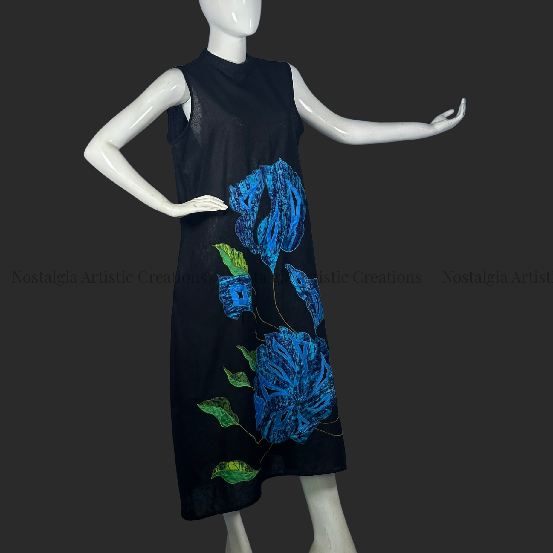 Black Blue Floral Art Sleeveless Dress - PL0607