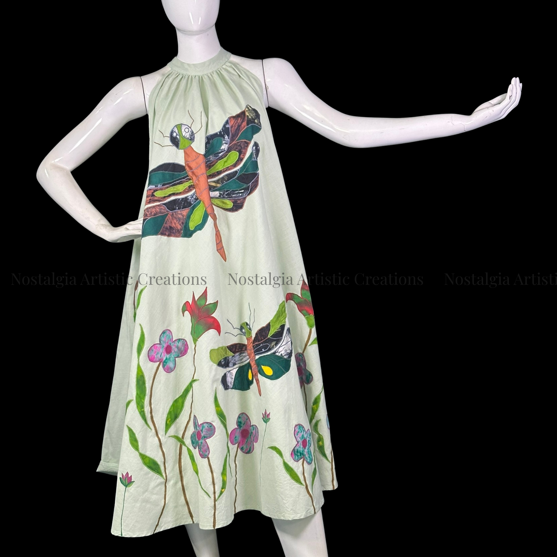 Sage Green Dragonfly Garden Halter Midi Dress - PL0511