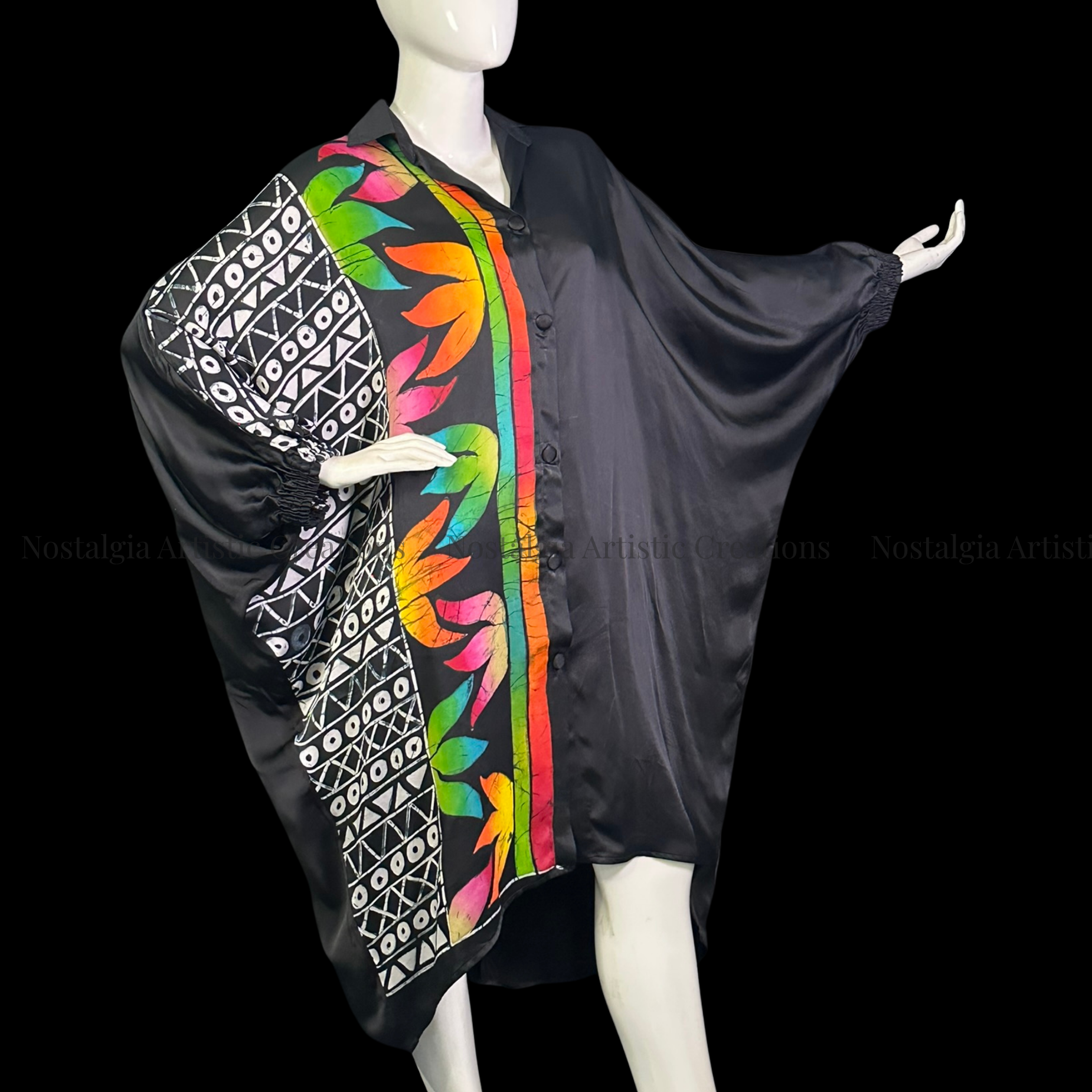 Hand-Painted Batik Black Batwing Poncho Shirt Dress – Oversized Asymmetrical Button-Front Tunic - PS0417