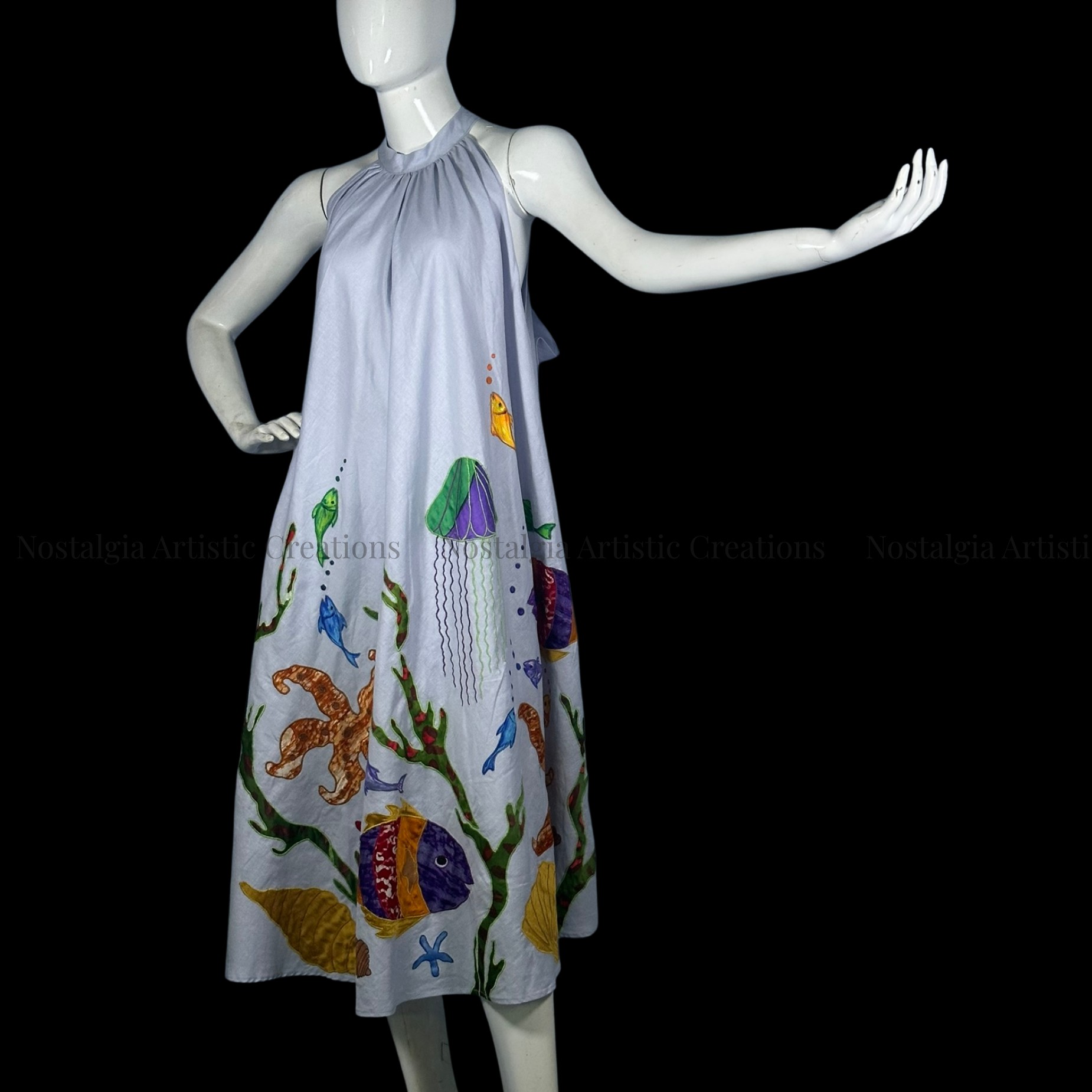 Light Grey Hand-Painted Ocean Life Sleeveless A-Line Midi Dress - PL0610 