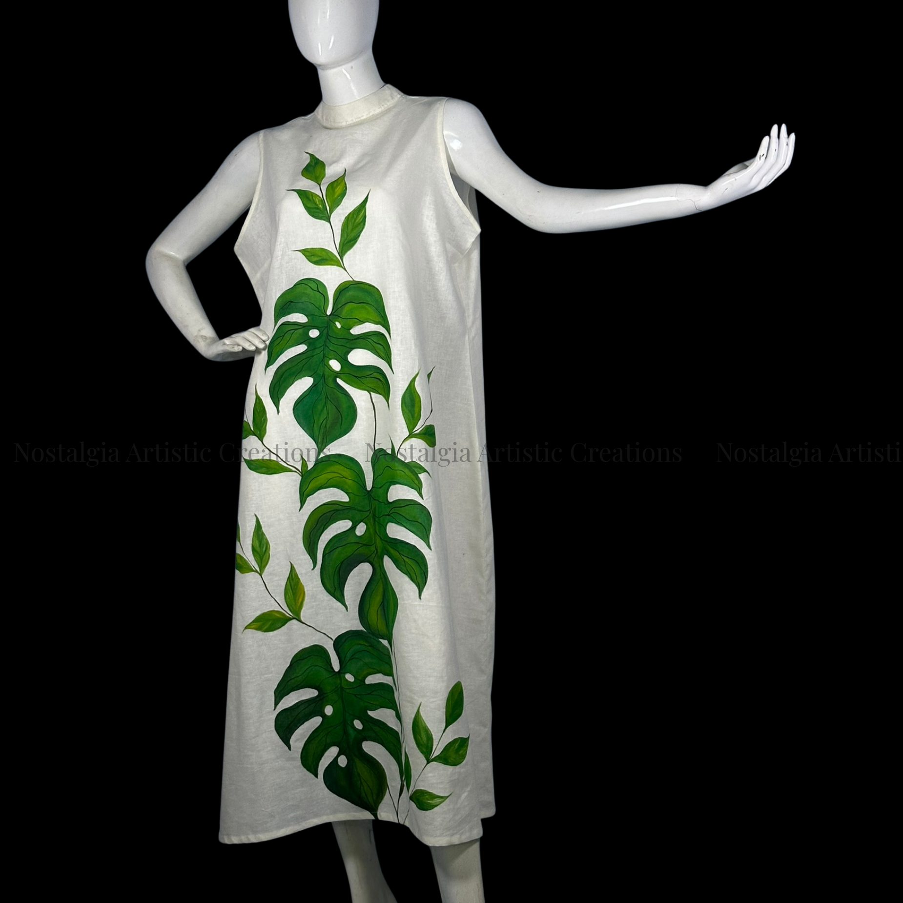 White Hand-Painted Monstera Sleeveless A-Line Midi Dress - PL0610