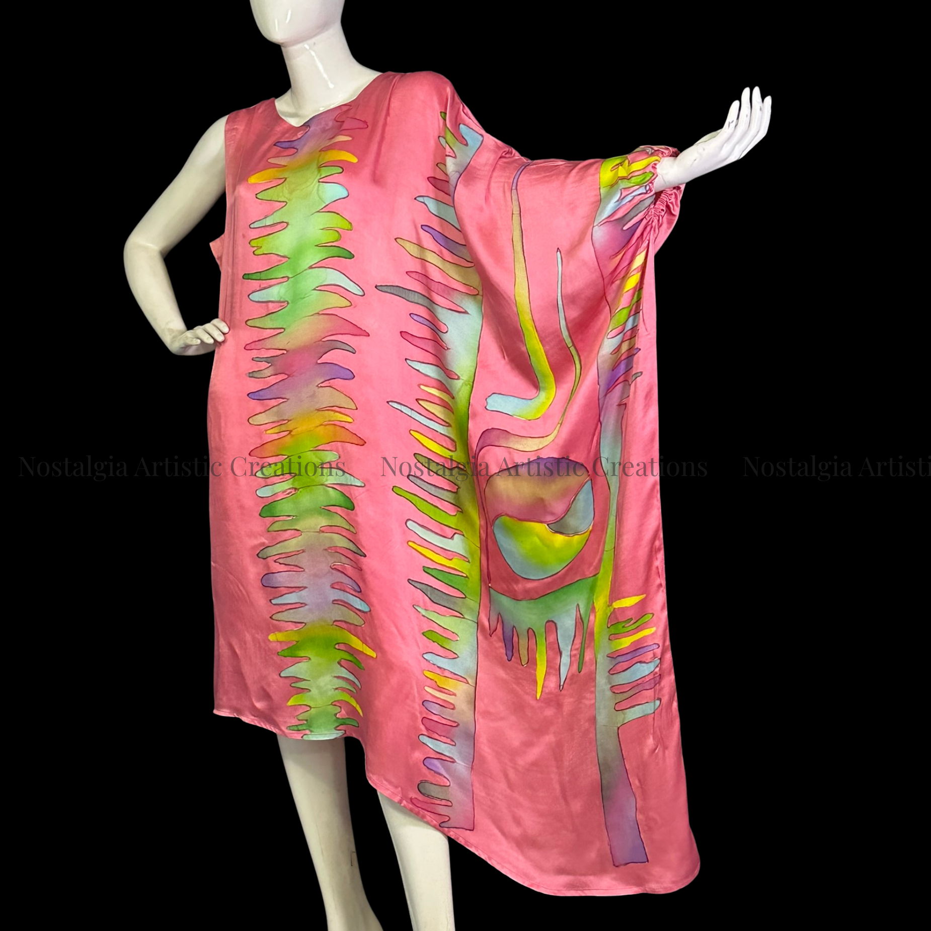 Pink Hand-Painted Batik One-Shoulder Cape Sleeve Dress | Artisan Midi Dress - PS0408