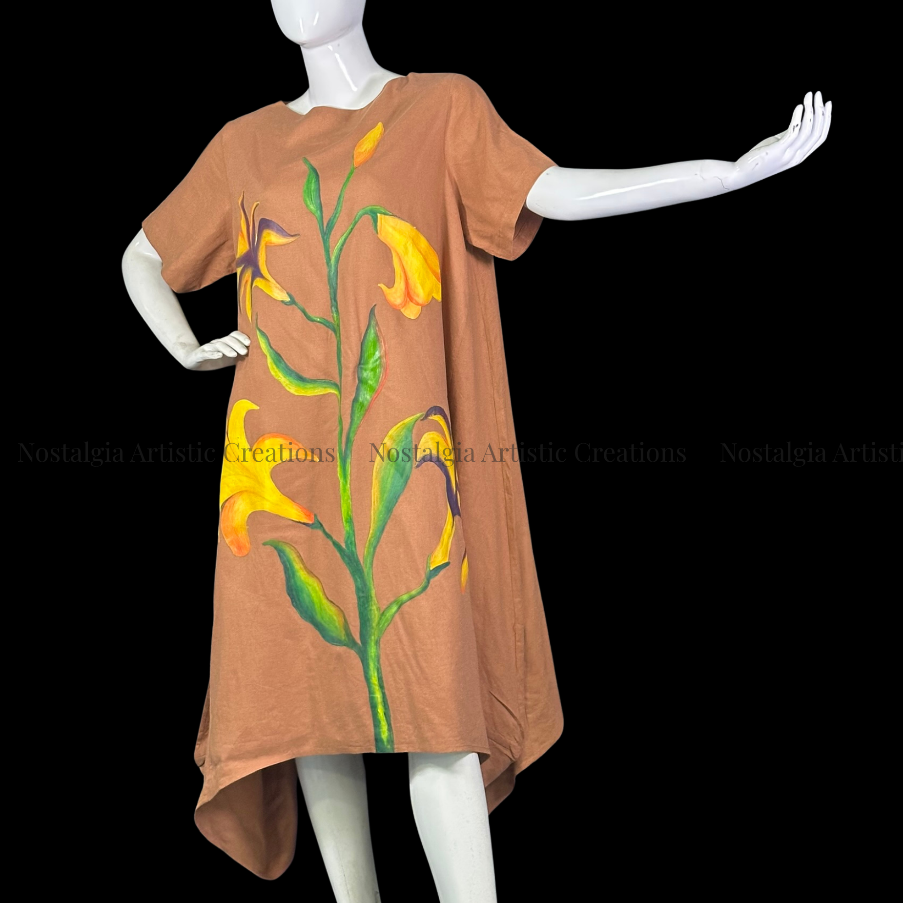 Brown & Yellow Lily Linen High-Low Dress with Green Leaf Design - PL0507