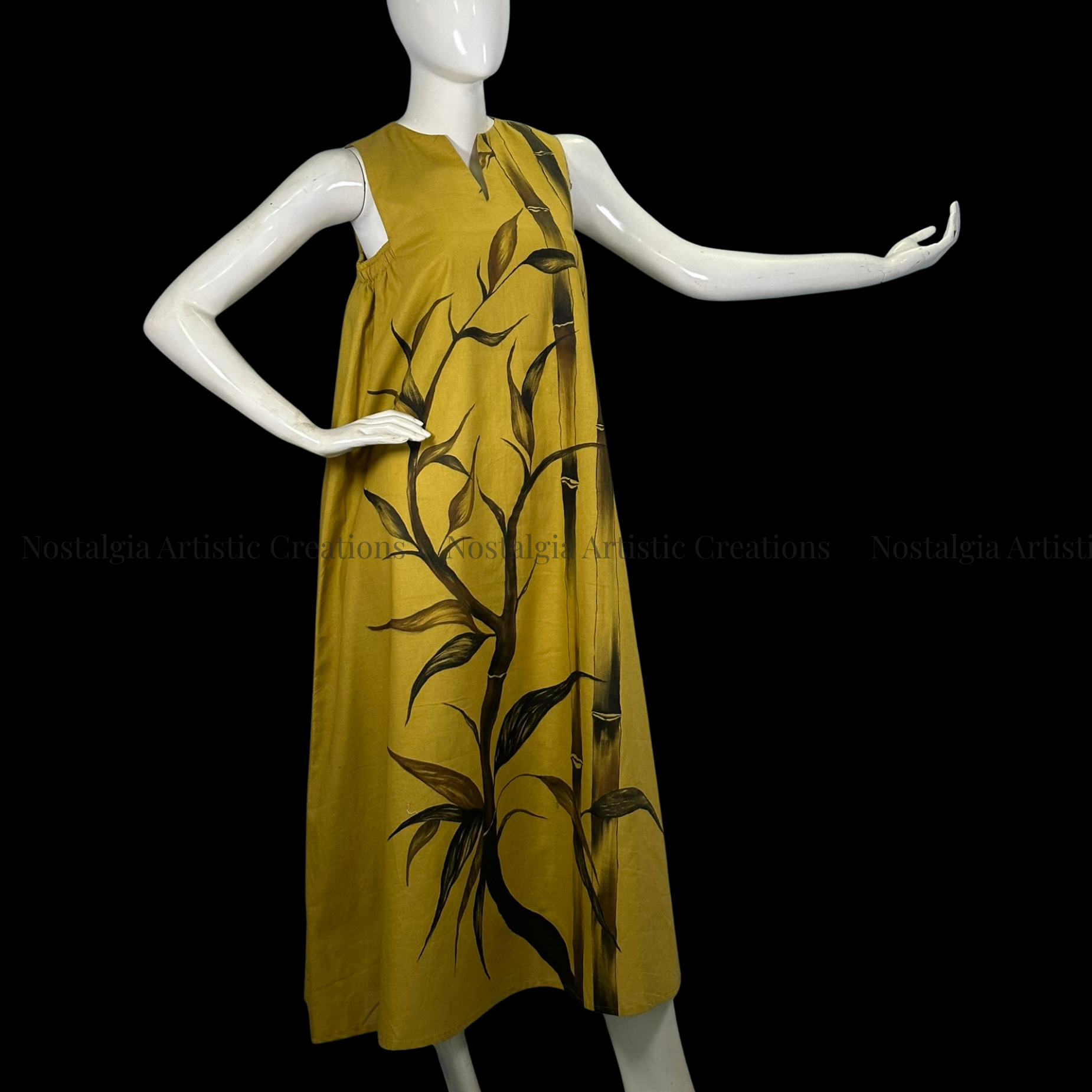 Mustard Bamboo Print Sleeveless A-Line Midi Dress - PL0602