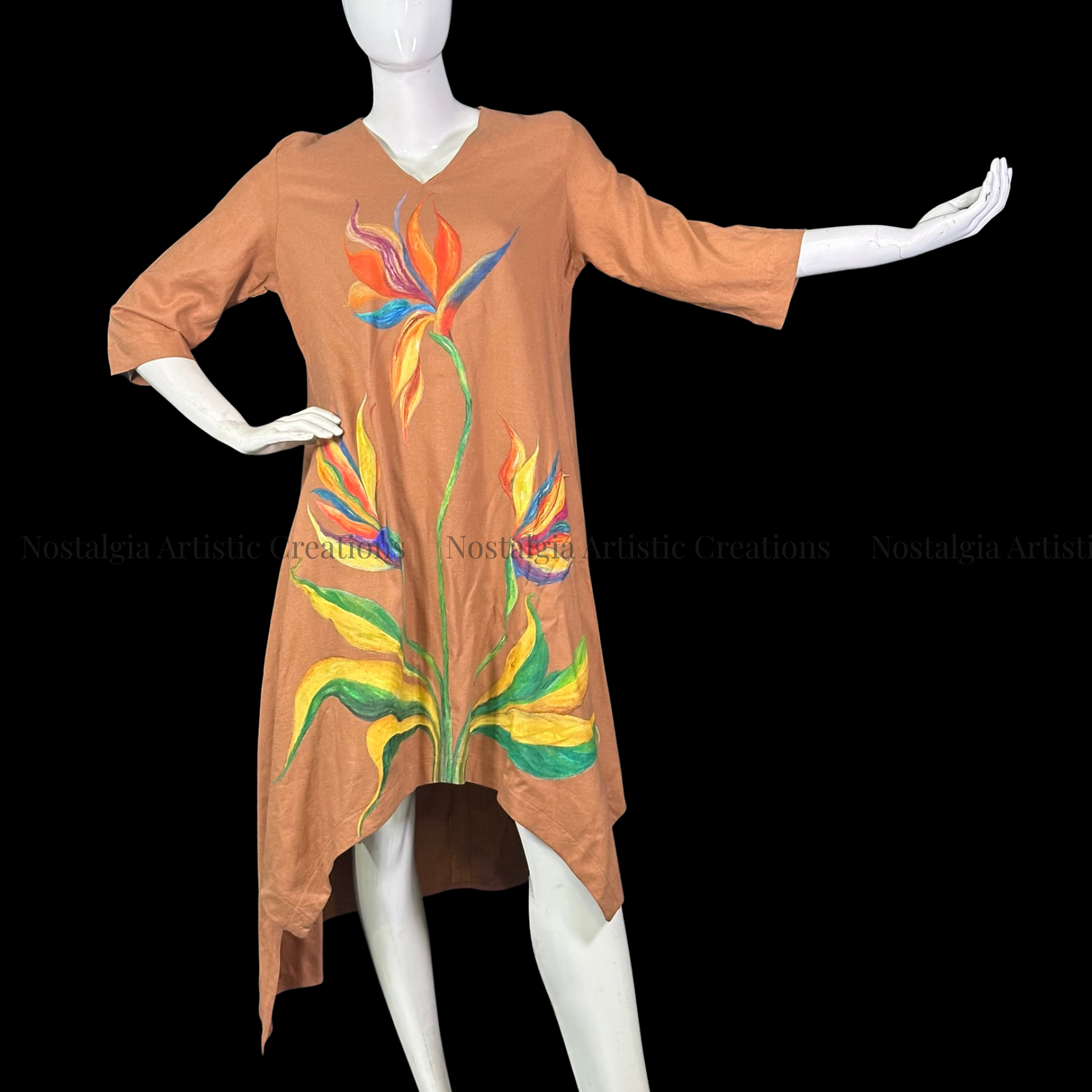 Brown Bird of Paradise Linen High-Low Dress with Multicolor Floral Design - PL0509