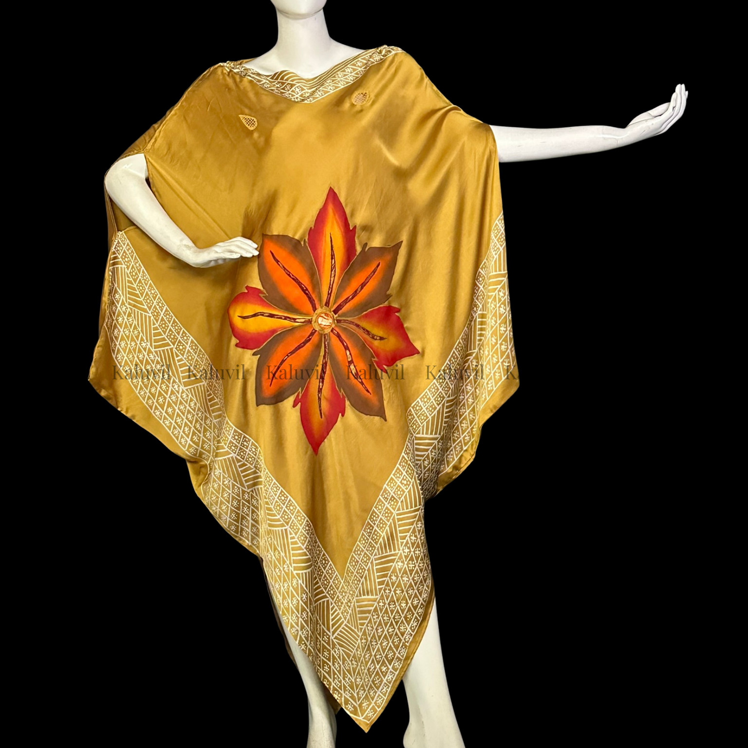 Hand-Painted Batik Kaftan Dress | Mustard Oversized Resort Caftan - PS0402