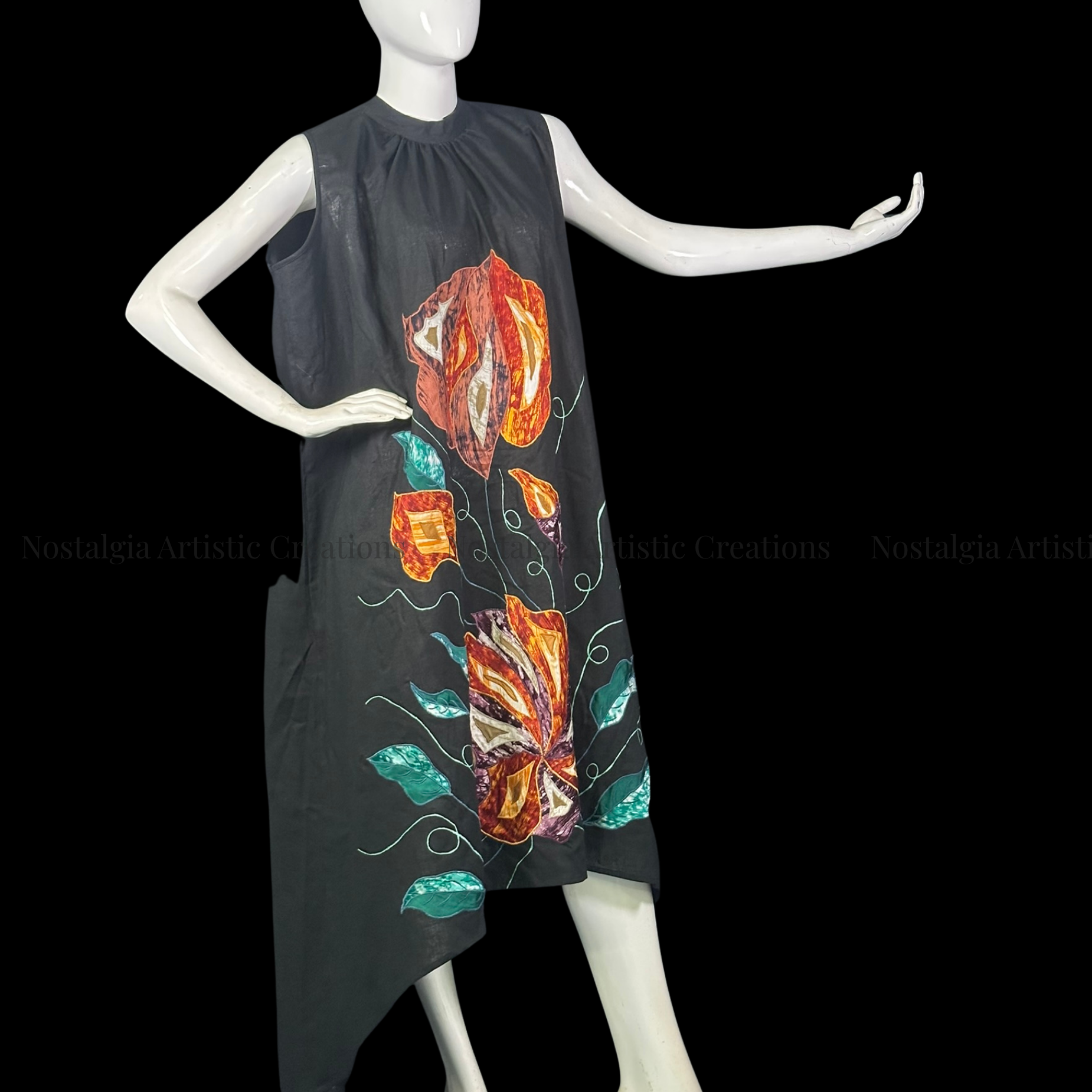 Black Orange Floral Linen High-Low Dress with Teal Leaf Design - PL0506