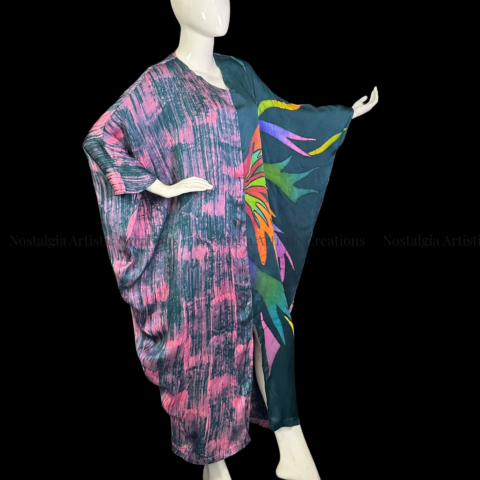 Hand-Painted Batik Asymmetrical Kaftan Dress | Oversized Pink & Charcoal Artisan Caftan - PS0404