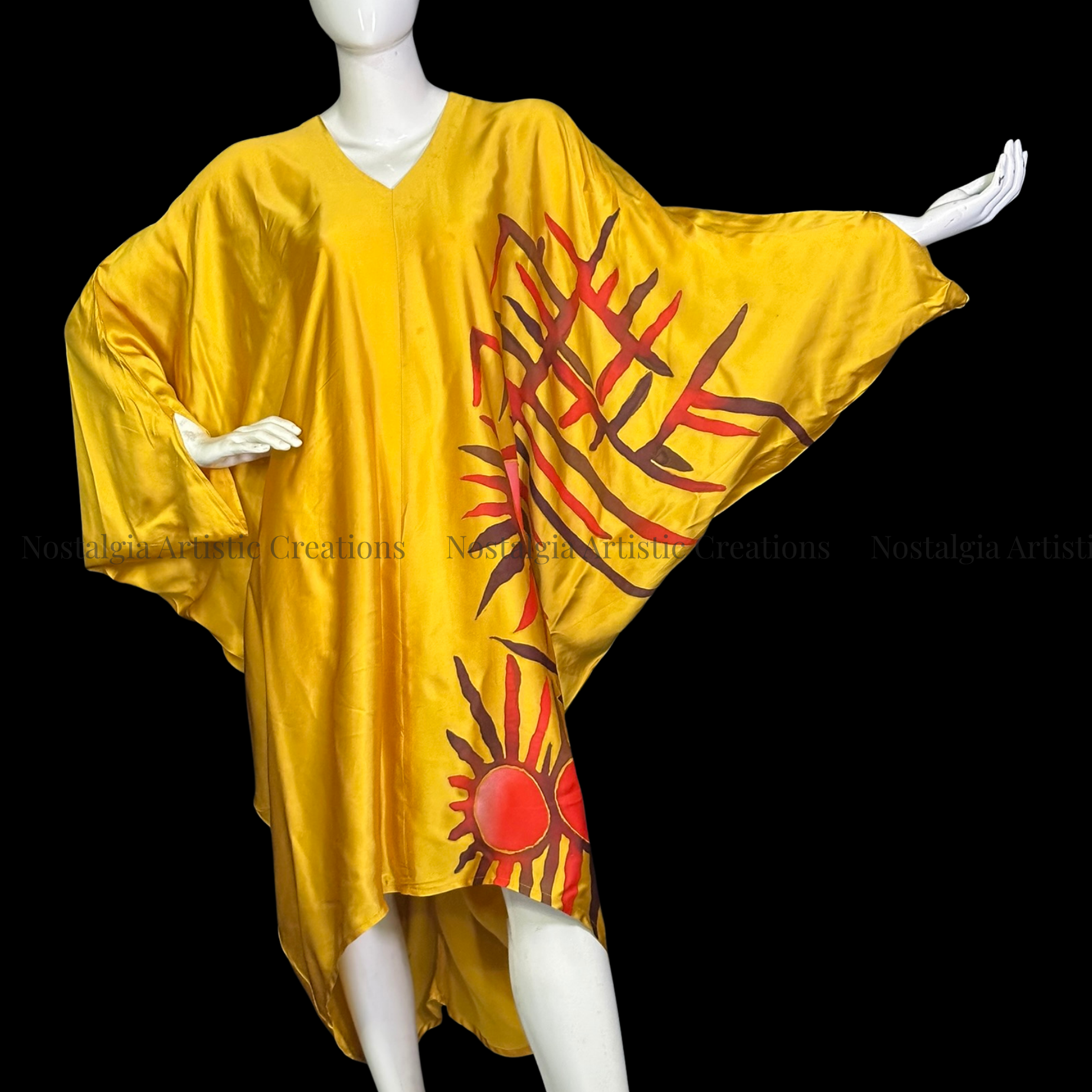 Golden Mustard Hand-Painted Batik Kaftan Dress | Oversized Artisan Silk Dress - PS0409