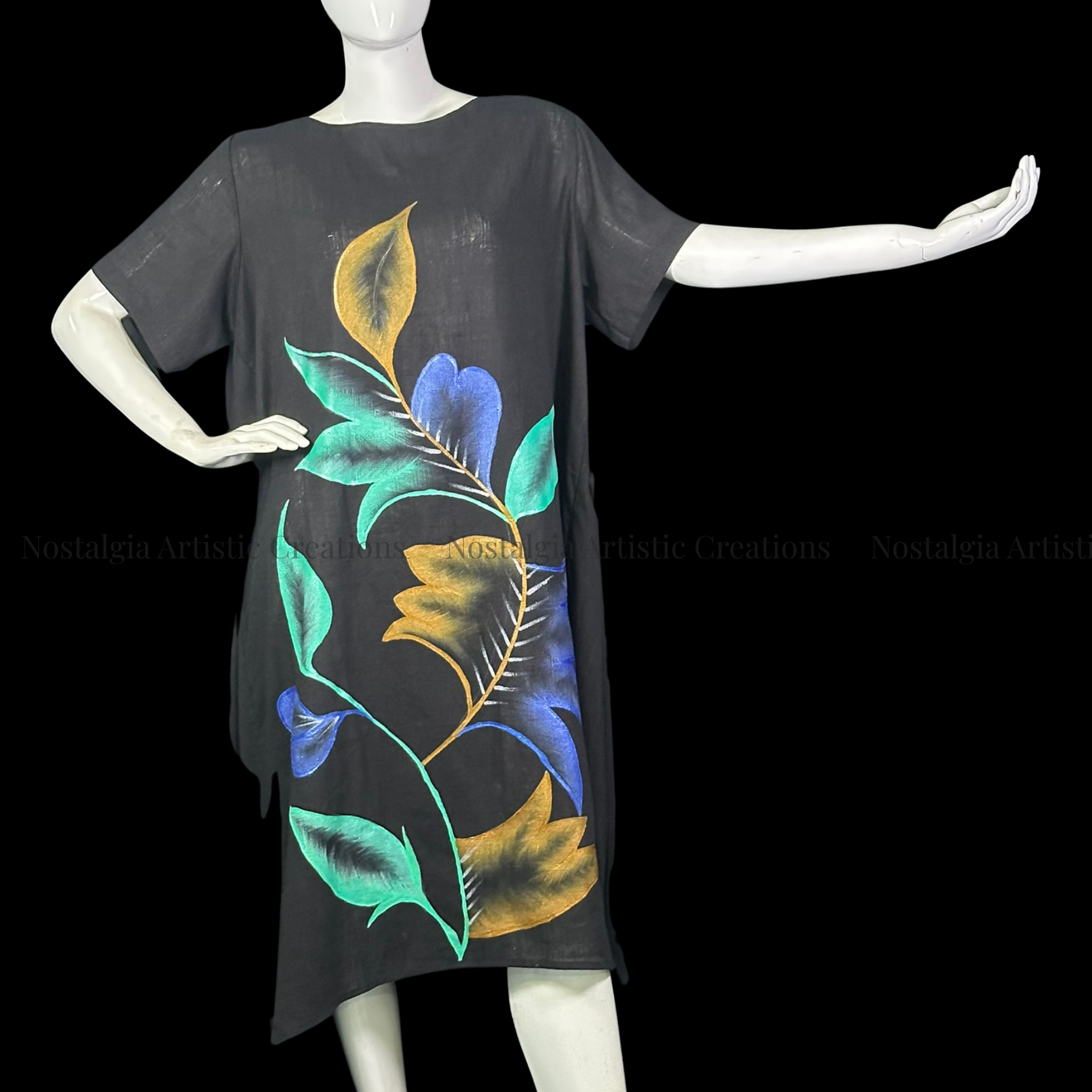 Black, Blue & Gold Floral Linen High-Low Dress with Green Leaf Design - PL0508