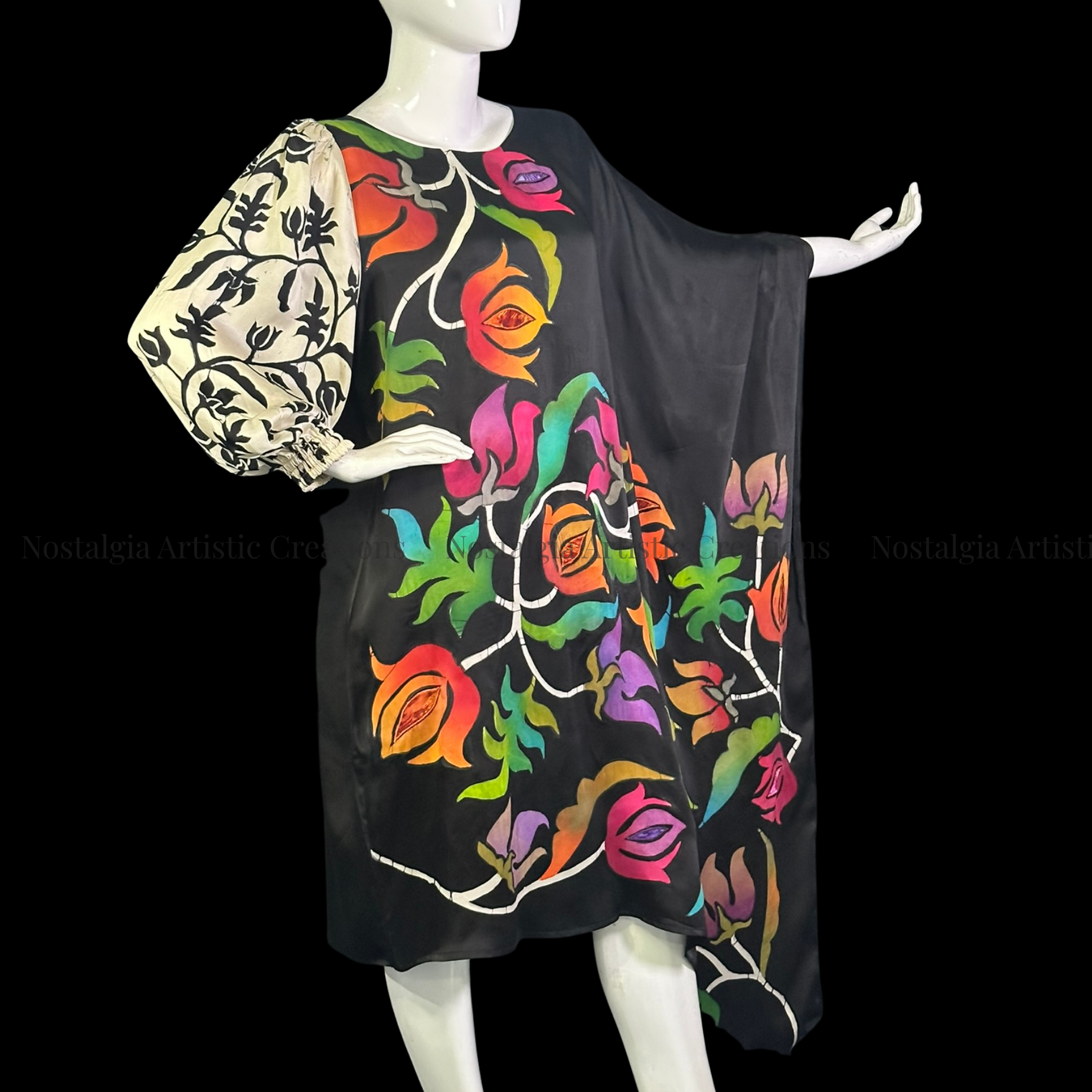 Black Hand-Painted Batik Asymmetrical Kaftan Dress | Artisan One-Shoulder Oversized Tunic - PS0412