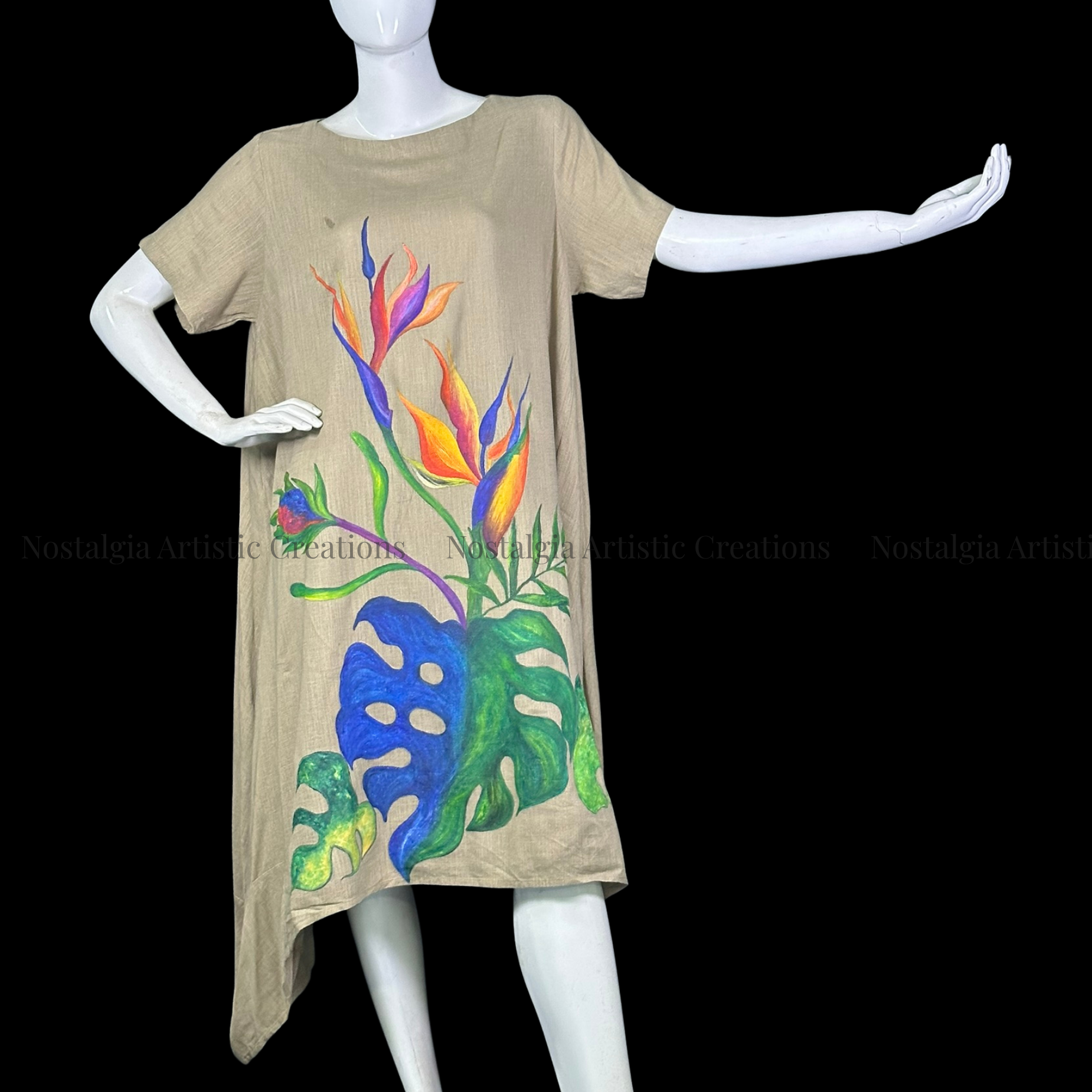 Beige Tropical Bird of Paradise Linen High-Low Dress - PL0510