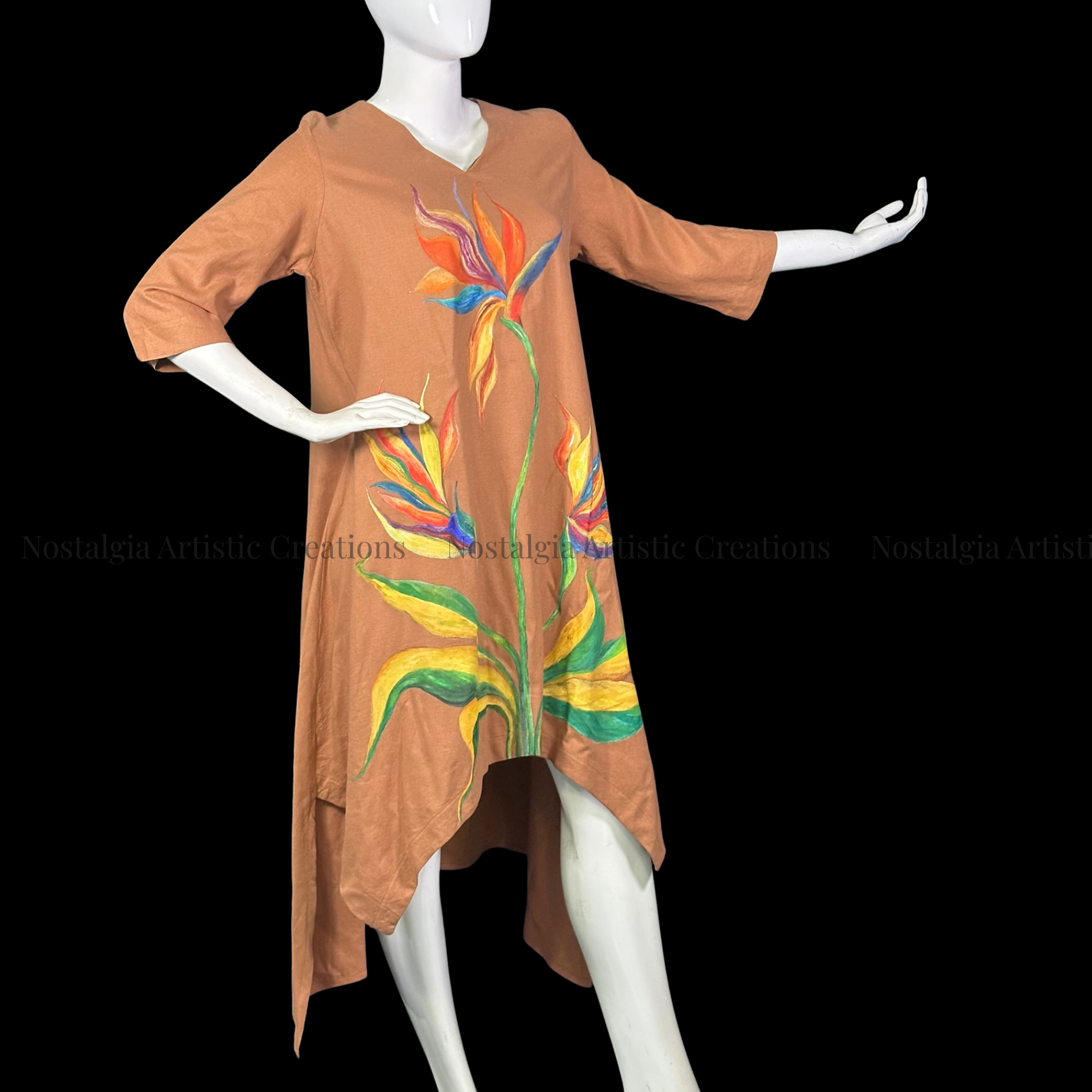 Brown Bird of Paradise Linen High-Low Dress with Multicolor Floral Design - PL0509