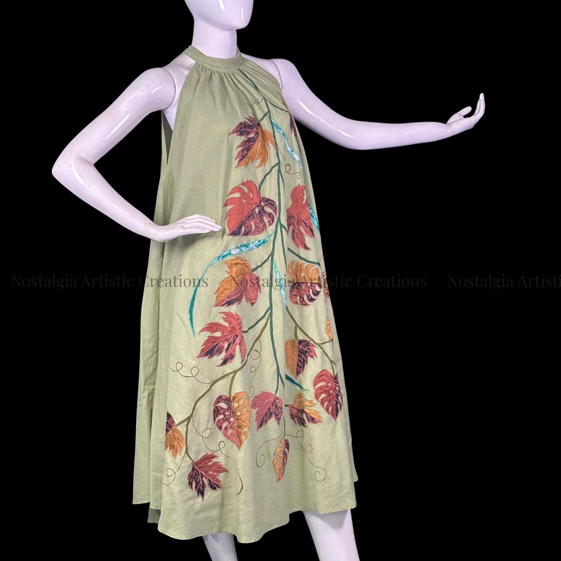 Sage Green Autumn Vine Halter Midi Dress - PL0512