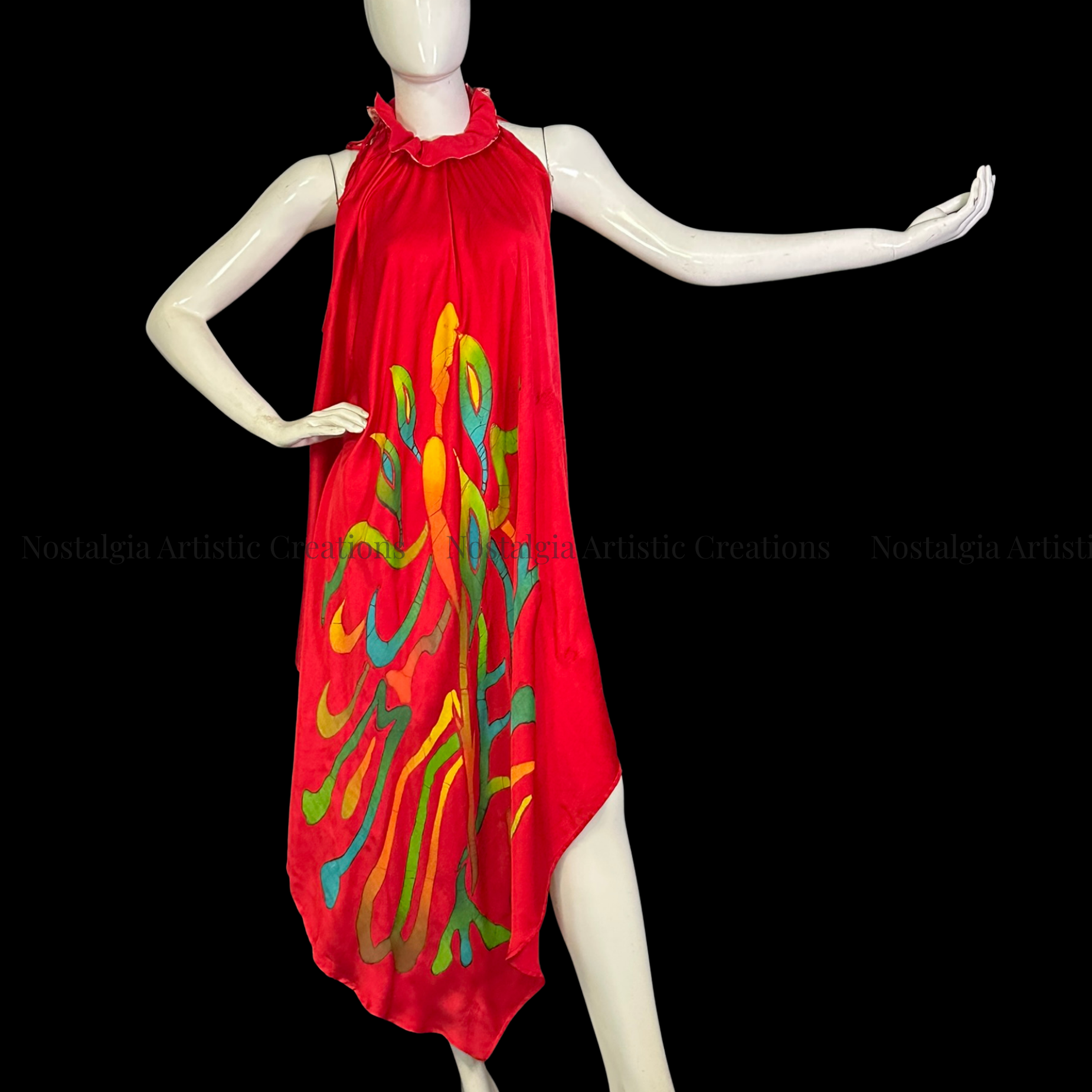 Hand-Painted Batik Handkerchief Hem Dress | Red Sleeveless Artisan Midi Dress - PS0405