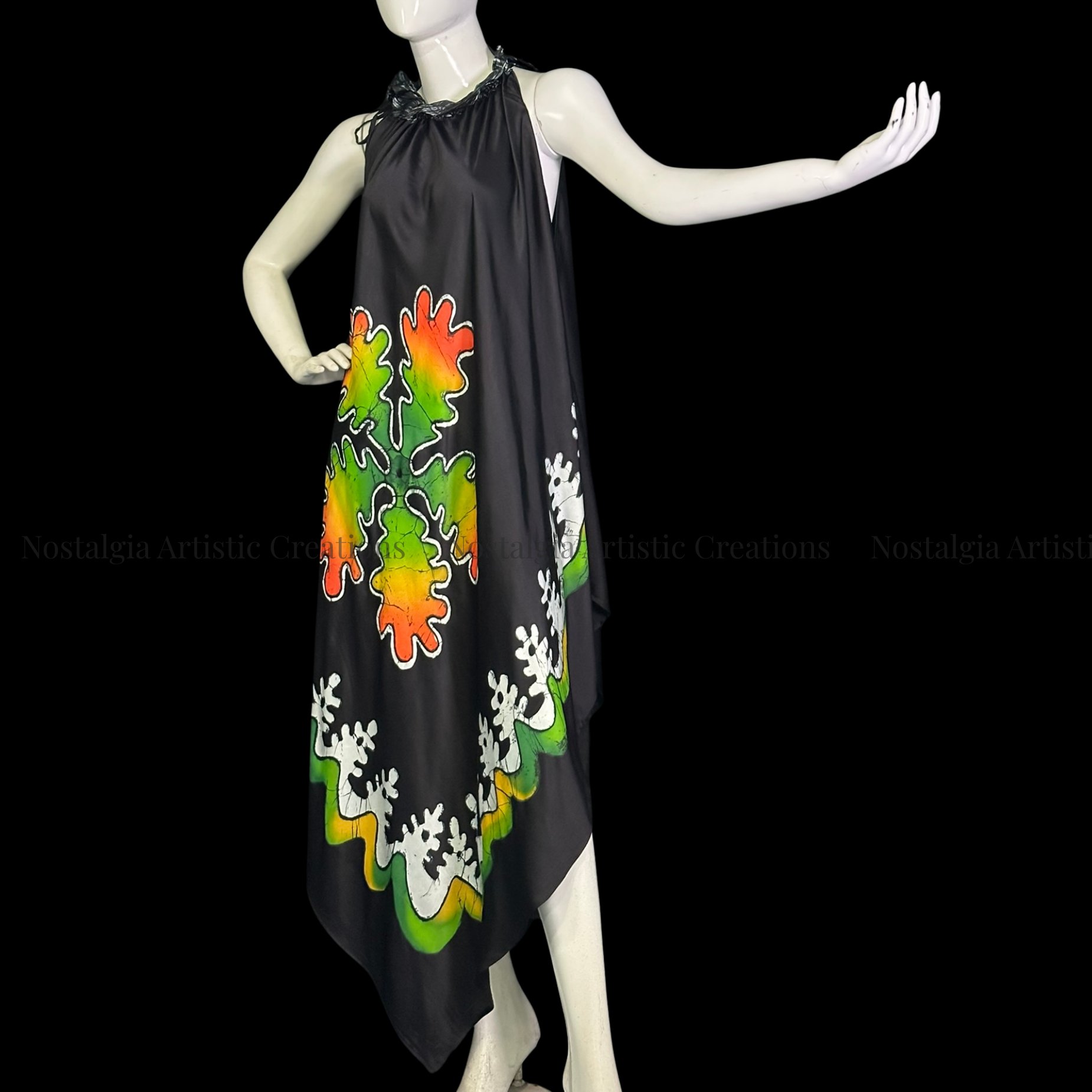 Black Hand-Painted Batik Halter Maxi Dress | Artisan Asymmetrical Resort Dress - PS0410