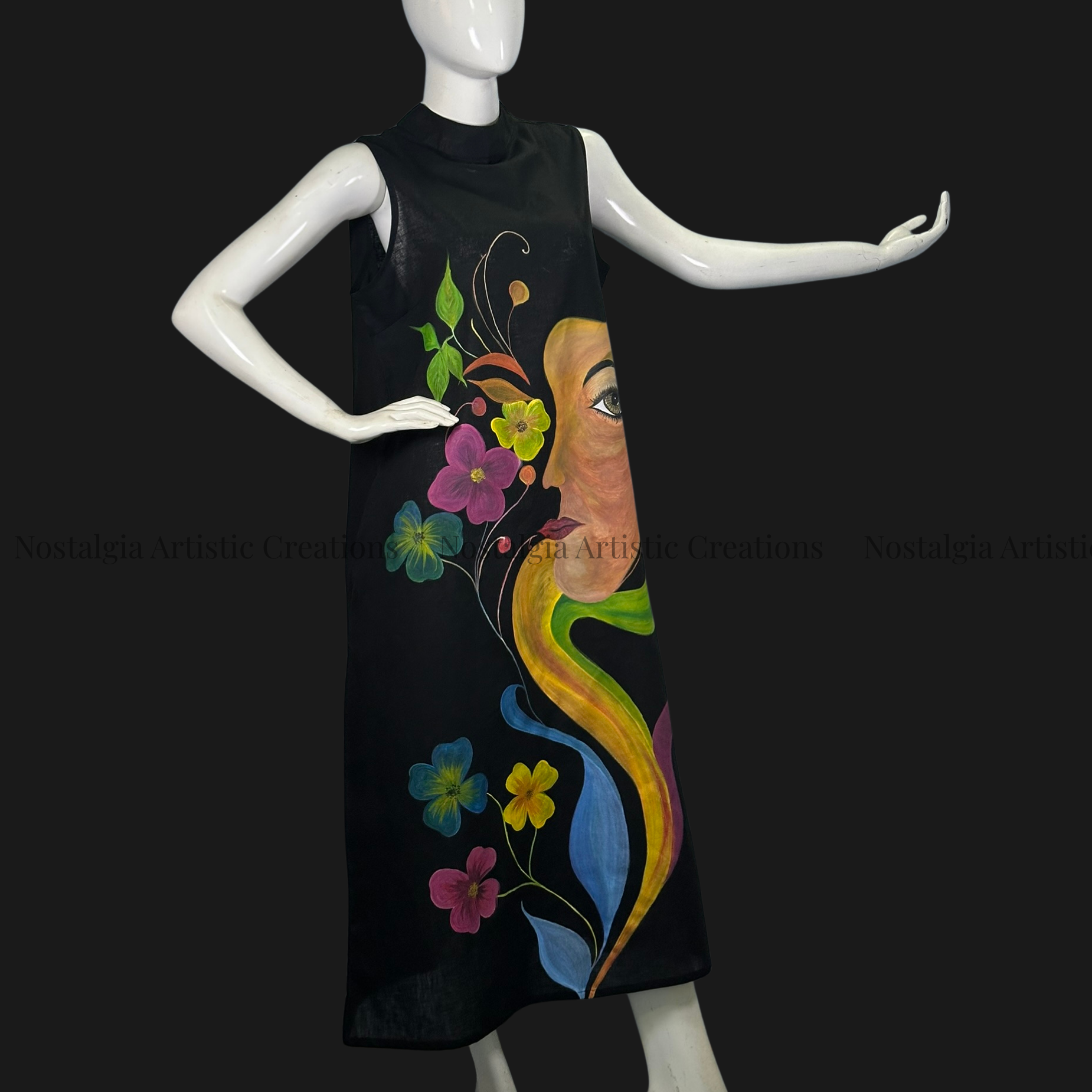 Midnight Floral Portrait Sleeveless Shift Midi Dress - PL0603