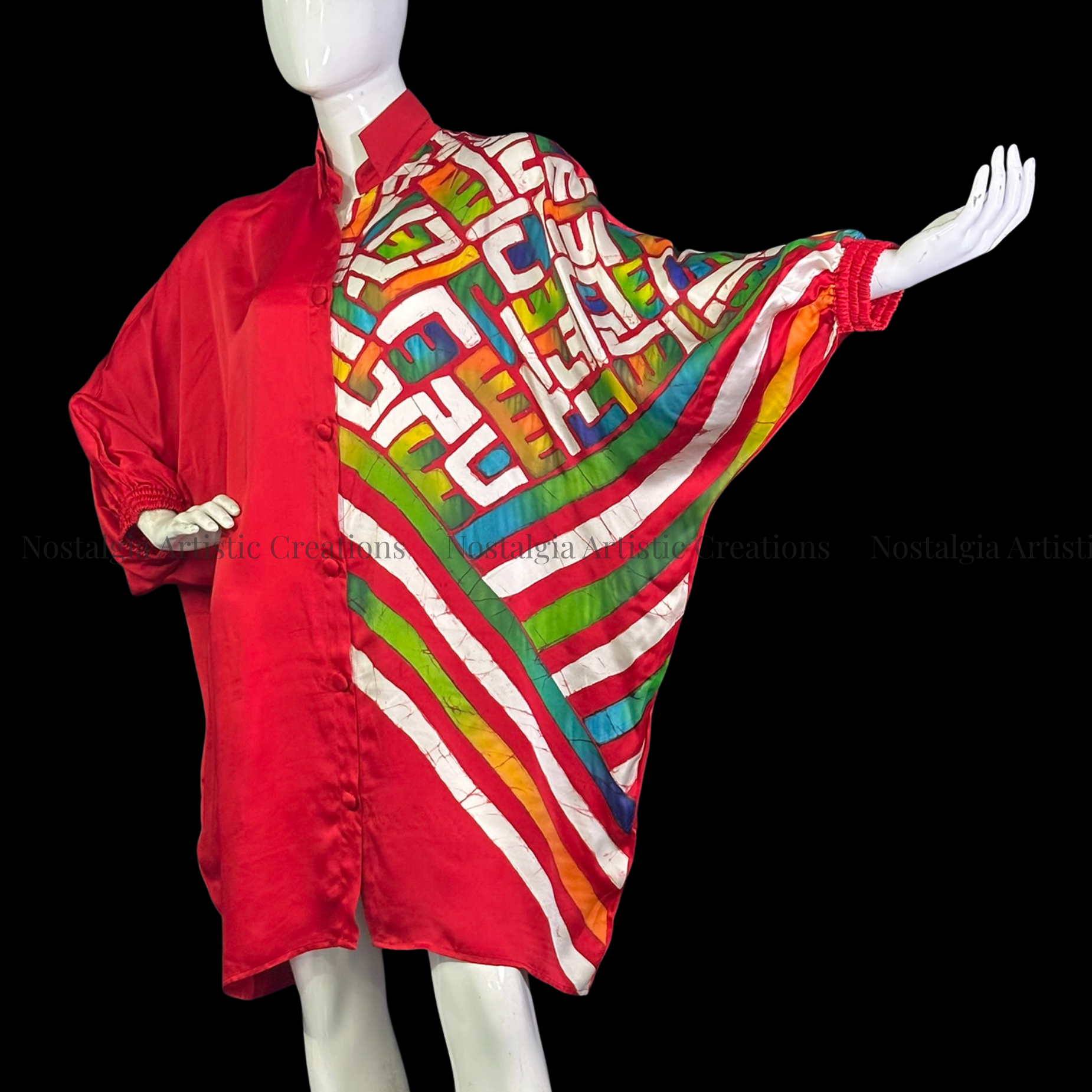 Hand-Painted Batik Red Asymmetrical Batwing Poncho | Oversized Artisan Button-Front Kaftan - PS0416