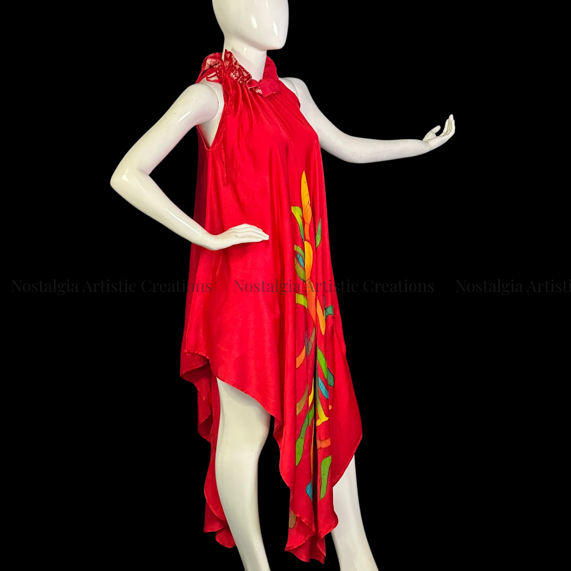 Hand-Painted Batik Handkerchief Hem Dress | Red Sleeveless Artisan Midi Dress - PS0405