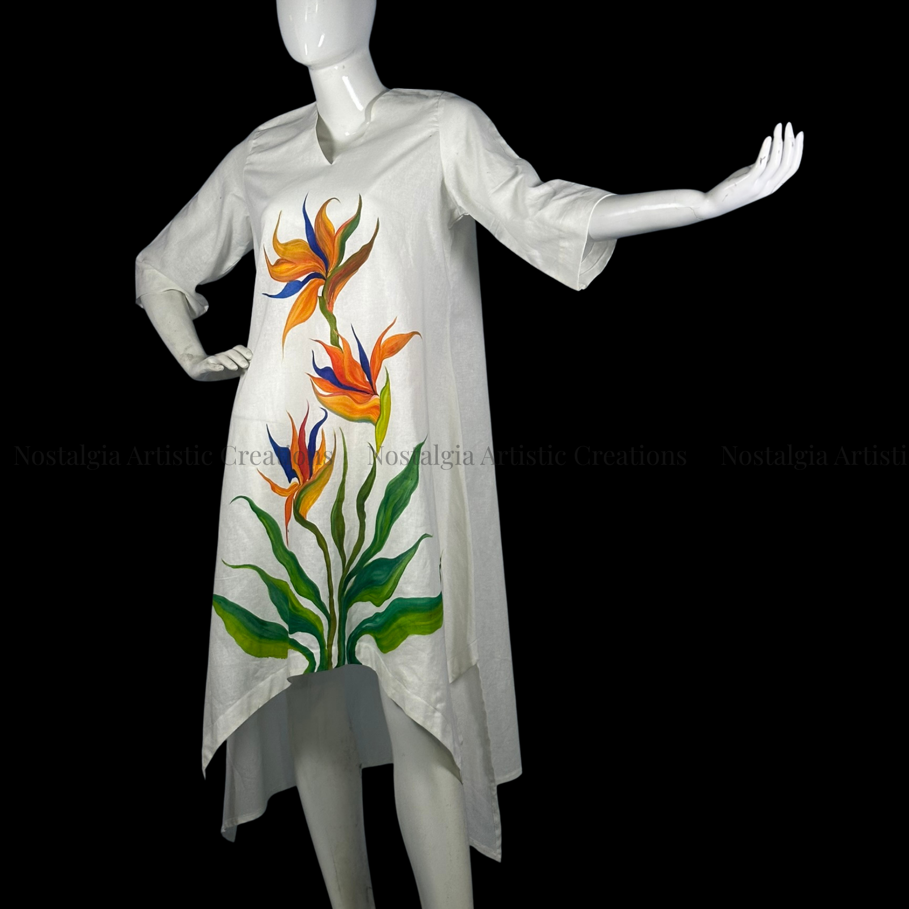 White Hand-Painted Bird of Paradise High-Low Dress - PL0609