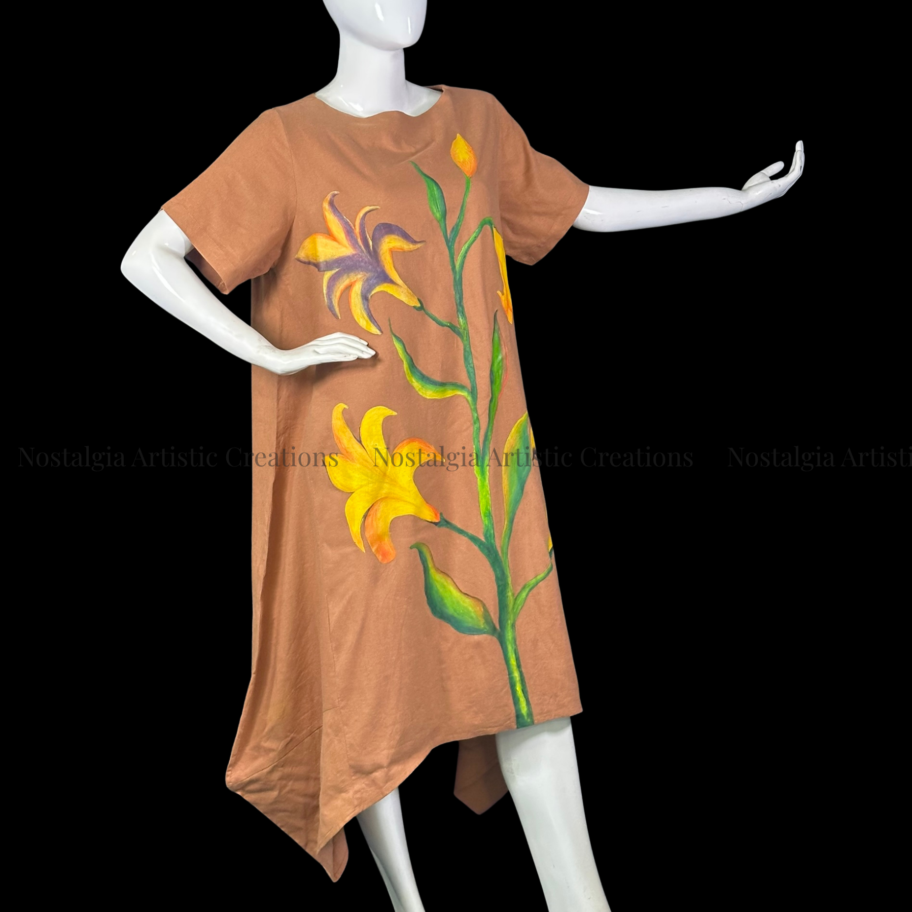Brown & Yellow Lily Linen High-Low Dress with Green Leaf Design - PL0507