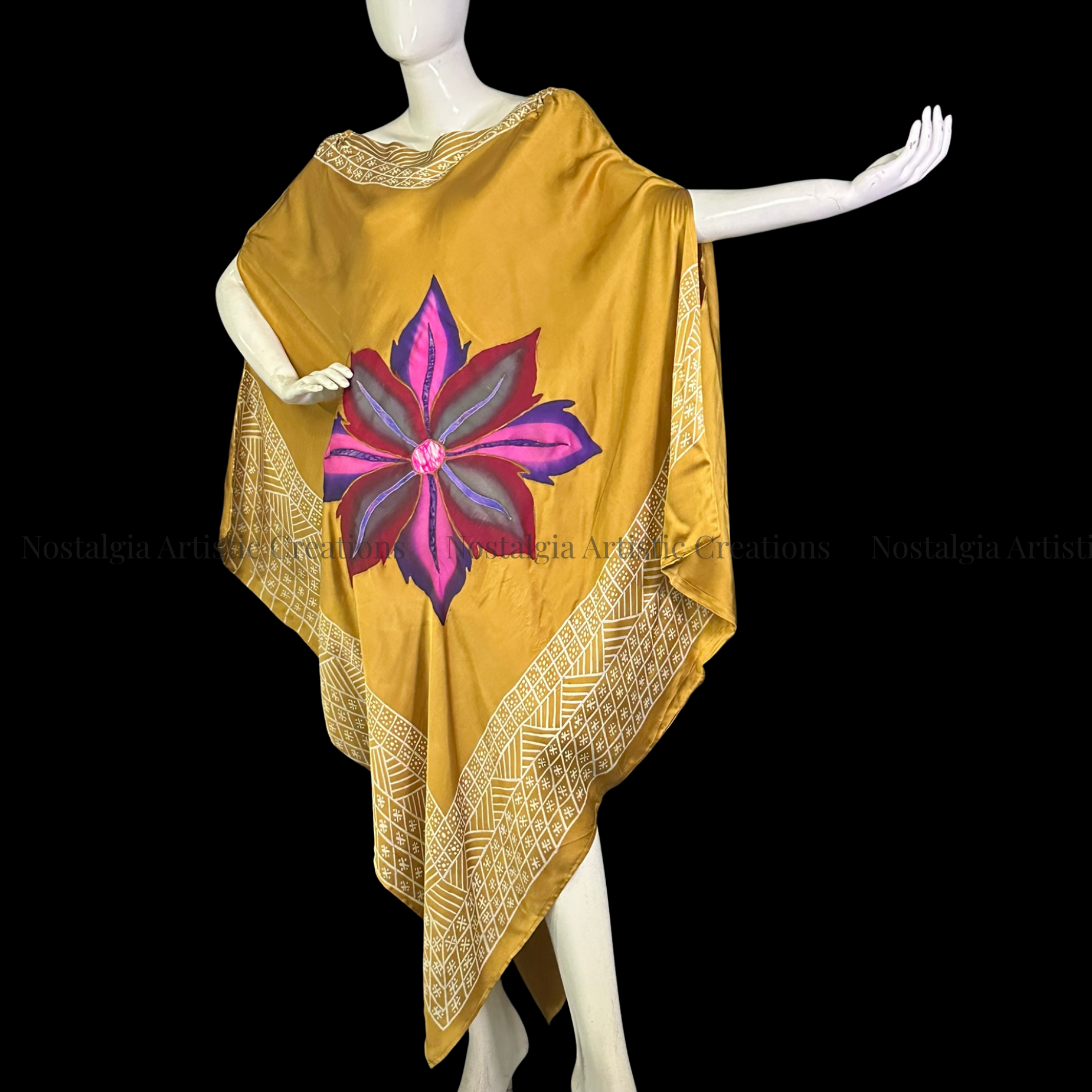 Golden Mustard Hand-Painted Batik Kaftan Dress | Oversized Artisan Poncho Dress - PS0414