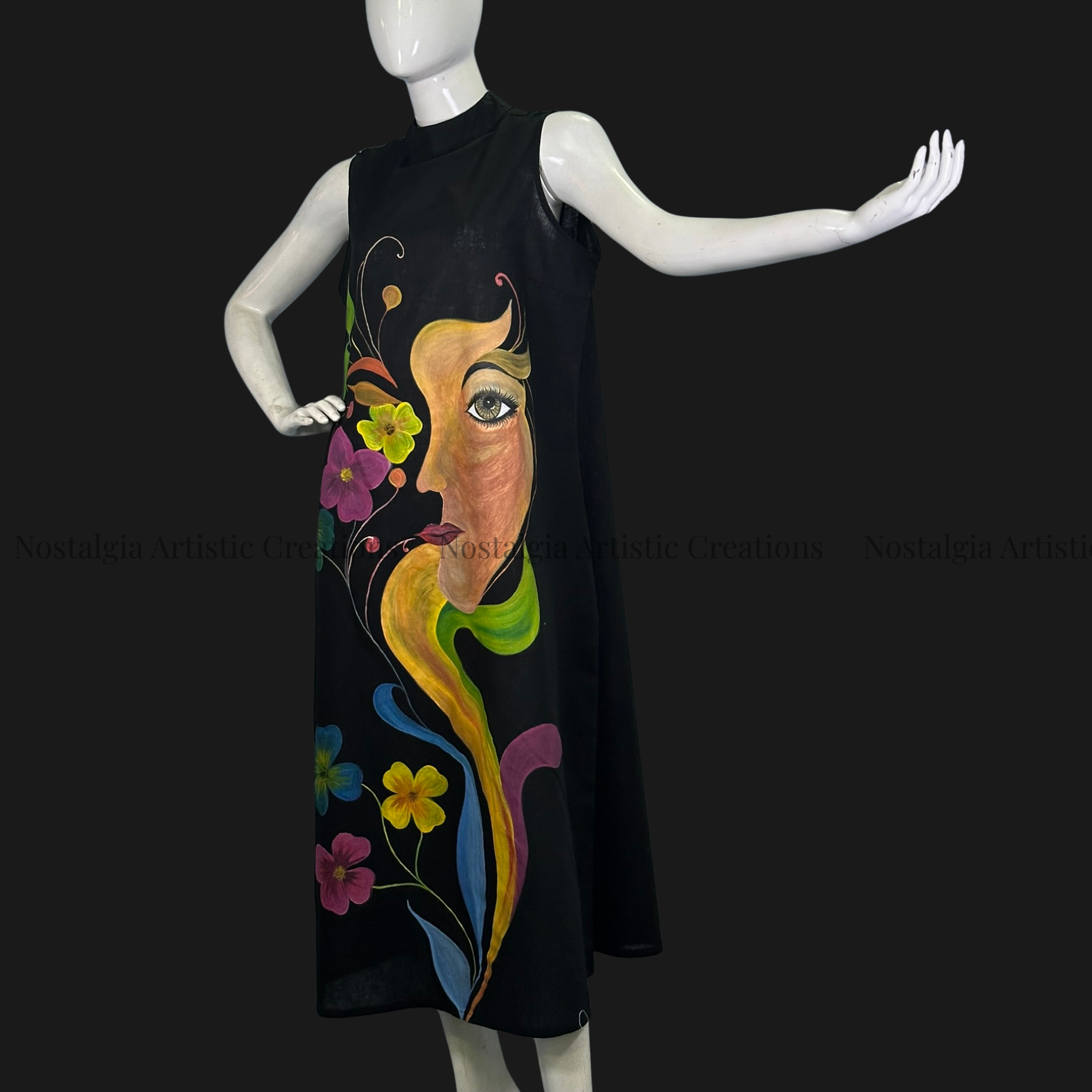 Midnight Floral Portrait Sleeveless Shift Midi Dress - PL0603