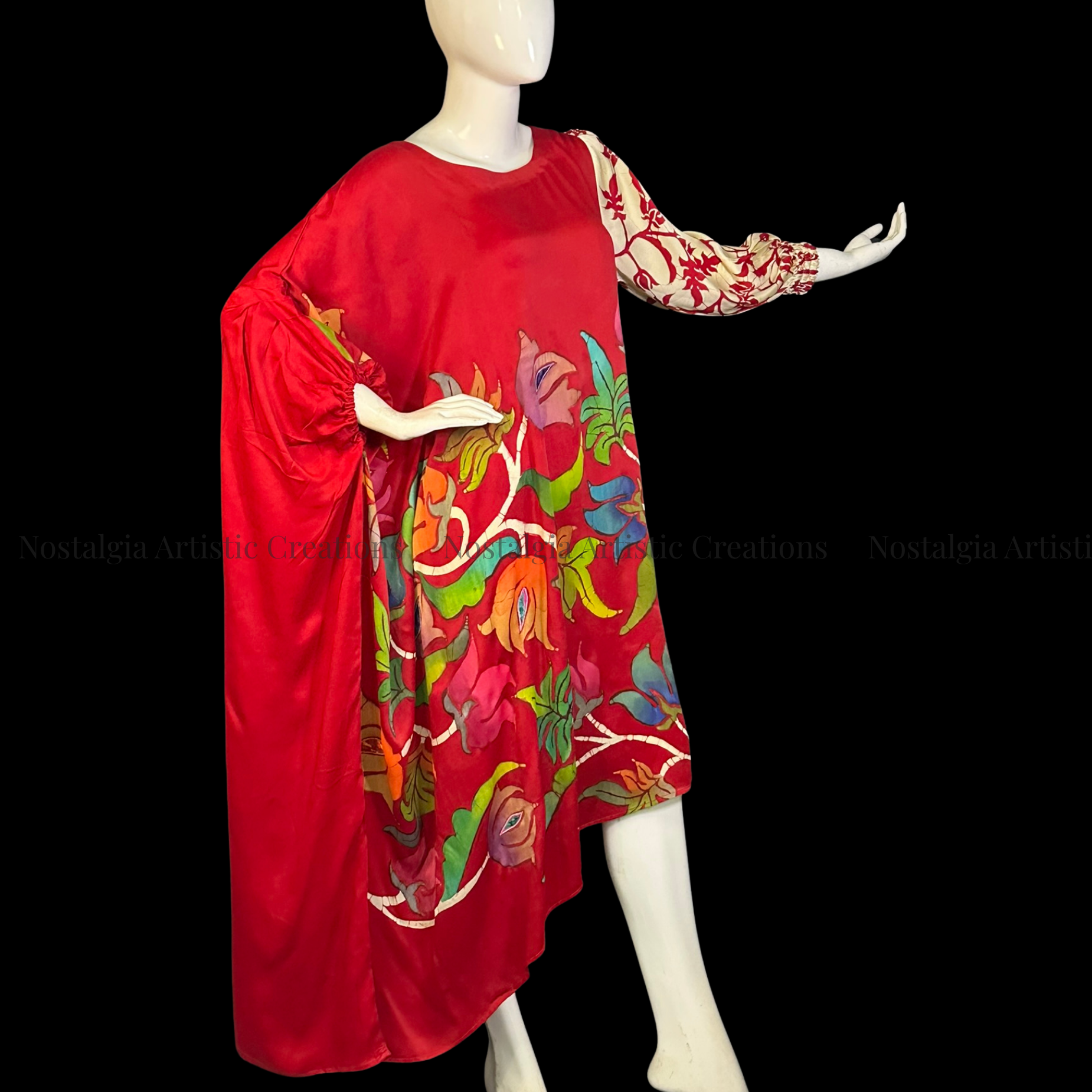 Hand-Painted Batik Asymmetrical Kaftan Dress | Red One-Shoulder Oversized Caftan - PS0403