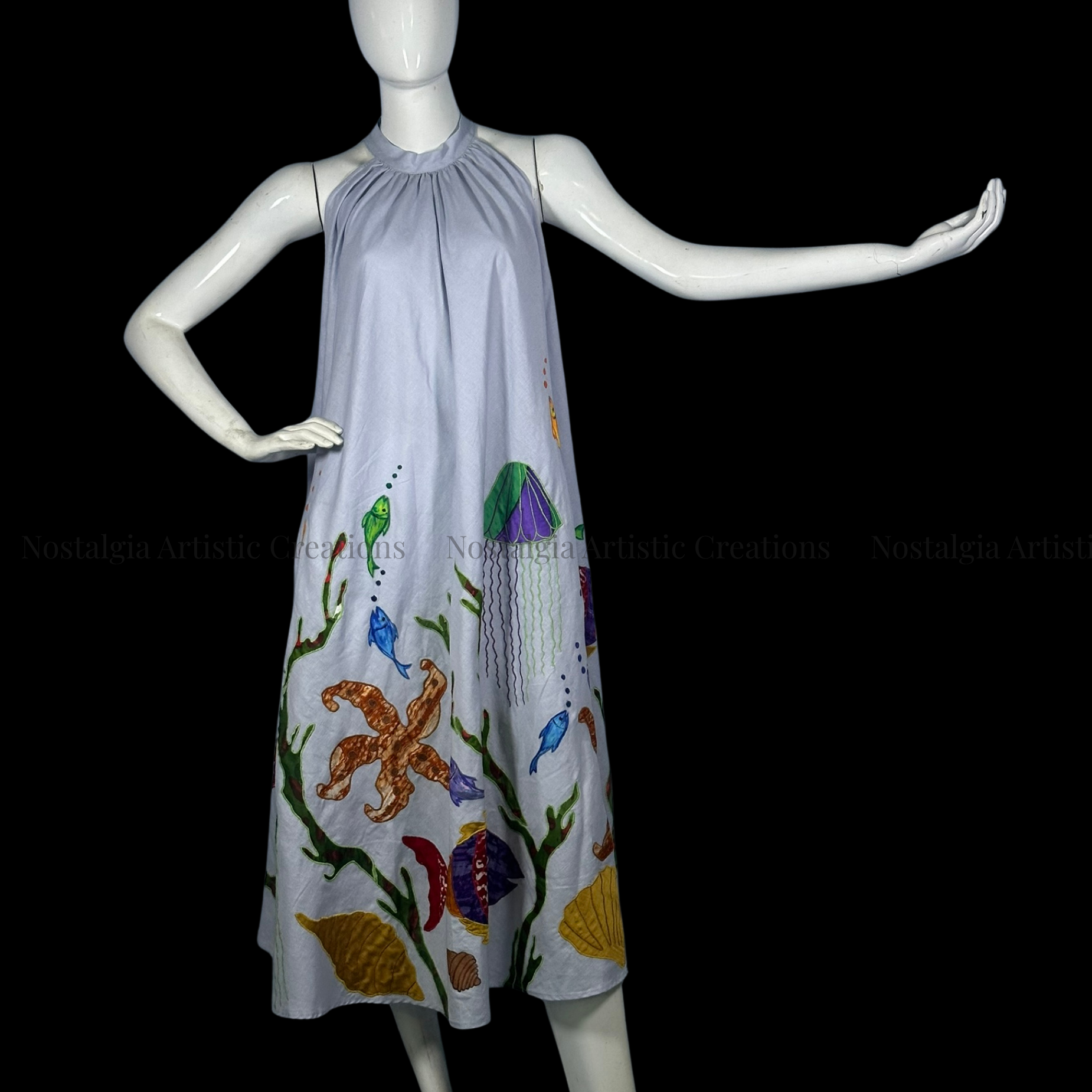 Light Grey Hand-Painted Ocean Life Sleeveless A-Line Midi Dress - PL0610 