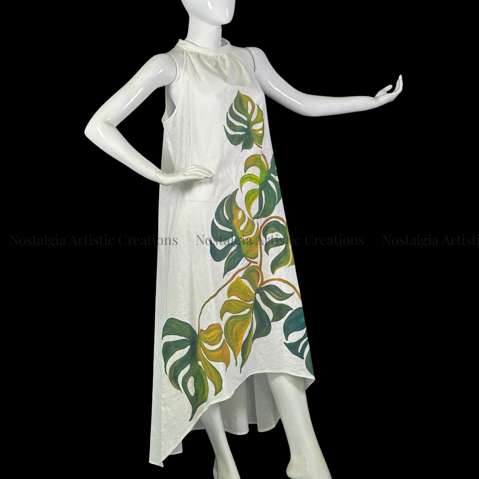 White & Green Monstera Linen High-Low Dress - PL0503