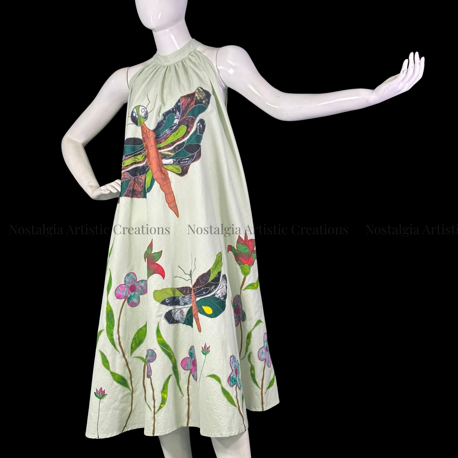 Sage Green Dragonfly Garden Halter Midi Dress - PL0511