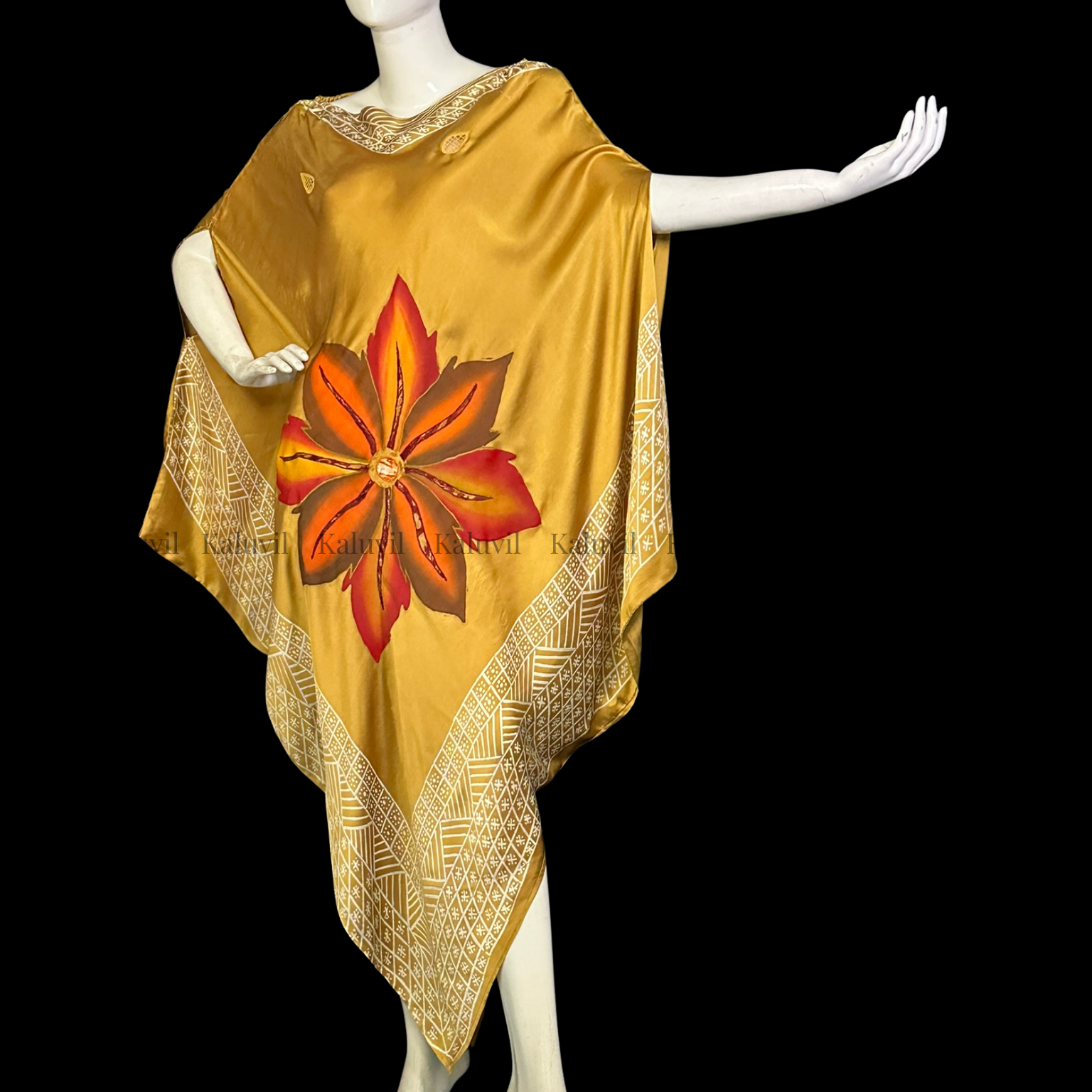 Hand-Painted Batik Kaftan Dress | Mustard Oversized Resort Caftan - PS0402