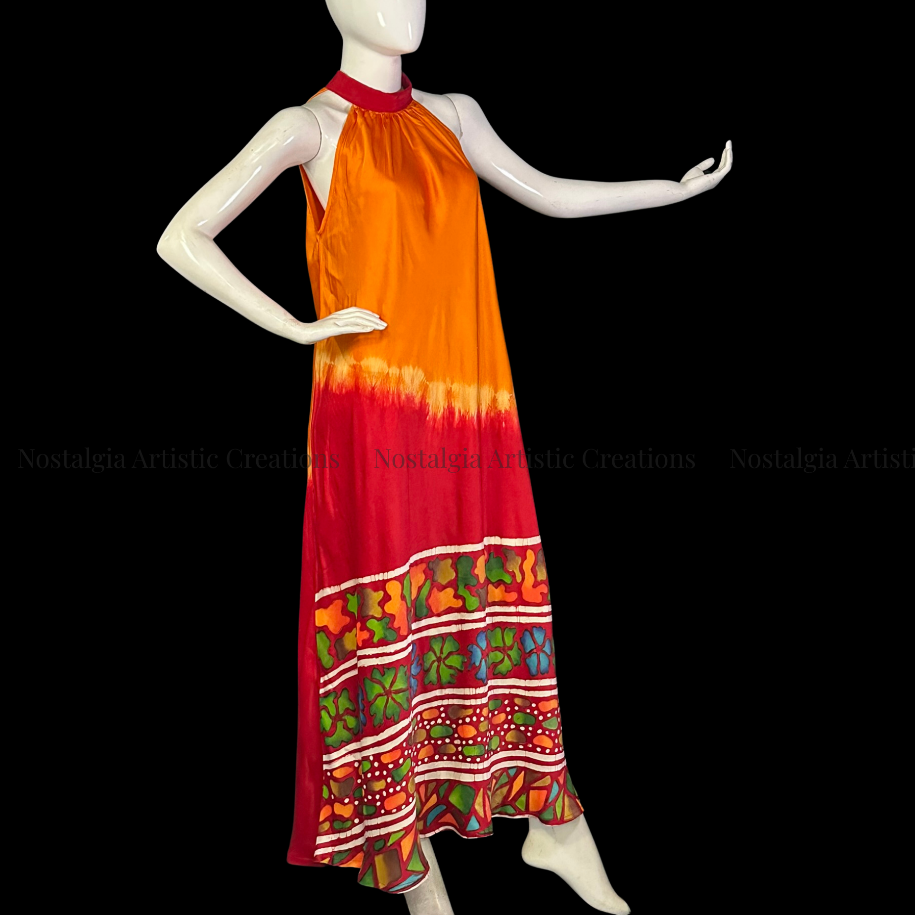 Hand-Painted Batik Orange & Red Halter Maxi Dress - PS0418