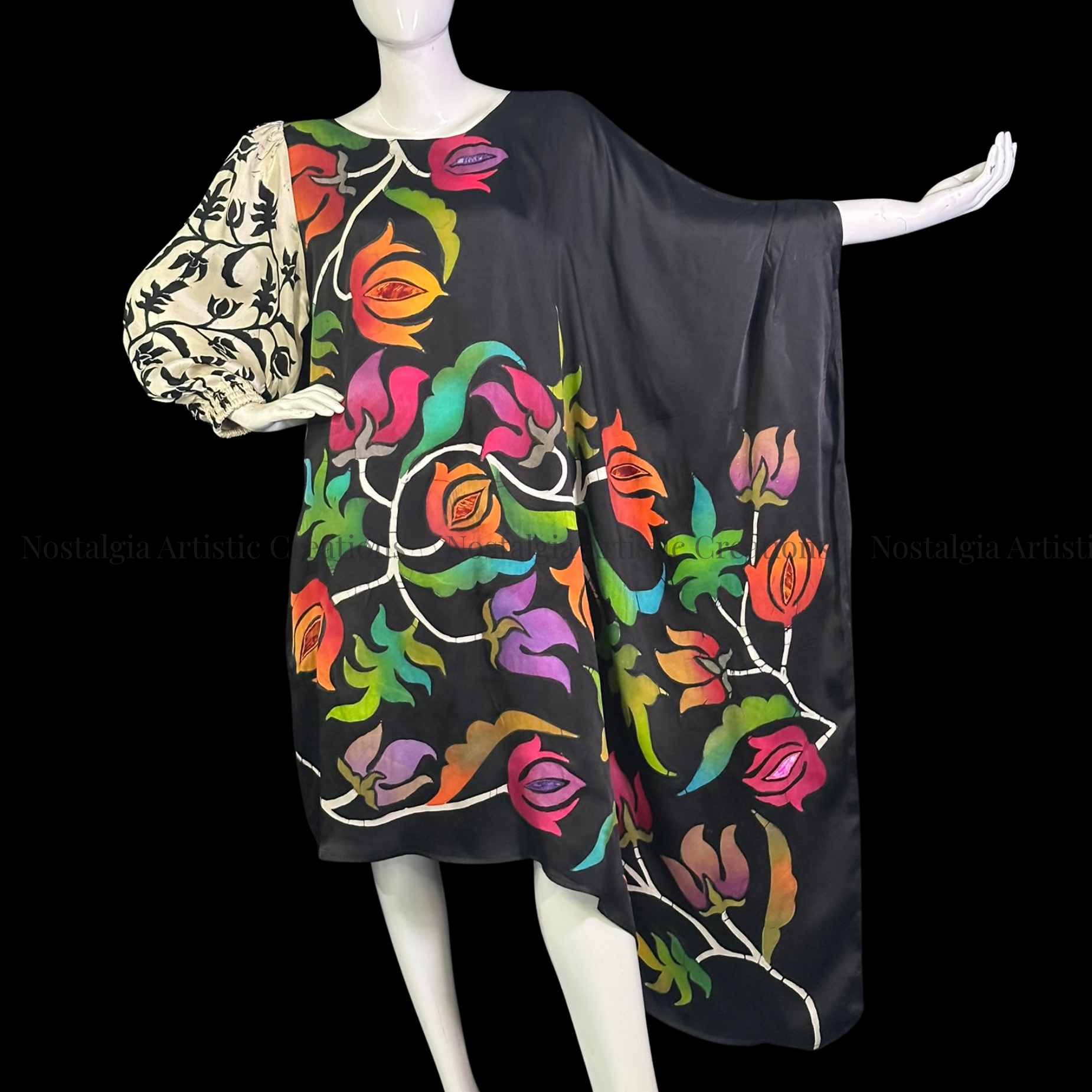 Black Hand-Painted Batik Asymmetrical Kaftan Dress | Artisan One-Shoulder Oversized Tunic - PS0412