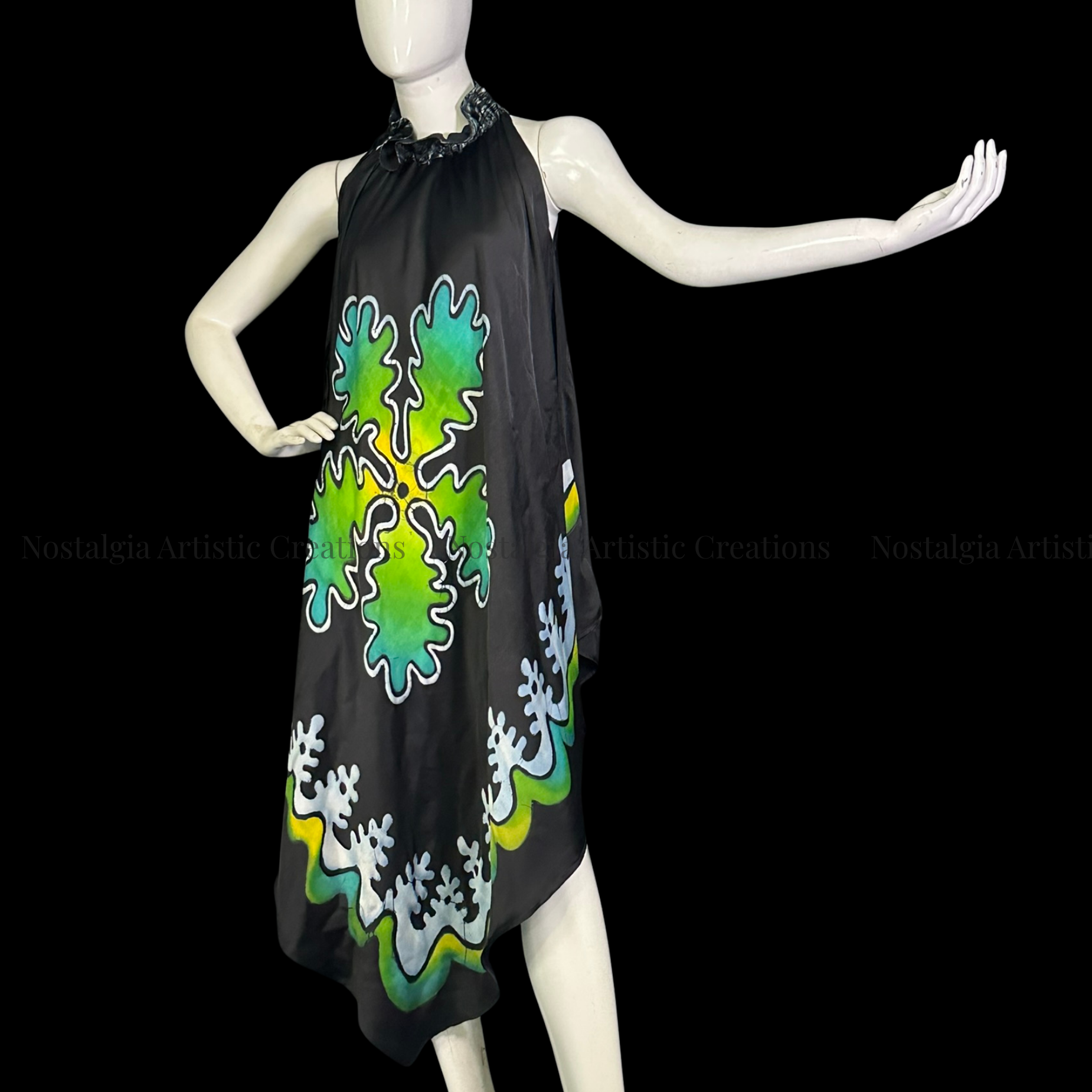 Hand-Painted Batik Halter Handkerchief Hem Dress | Black Artisan Midi Dress - PS0406